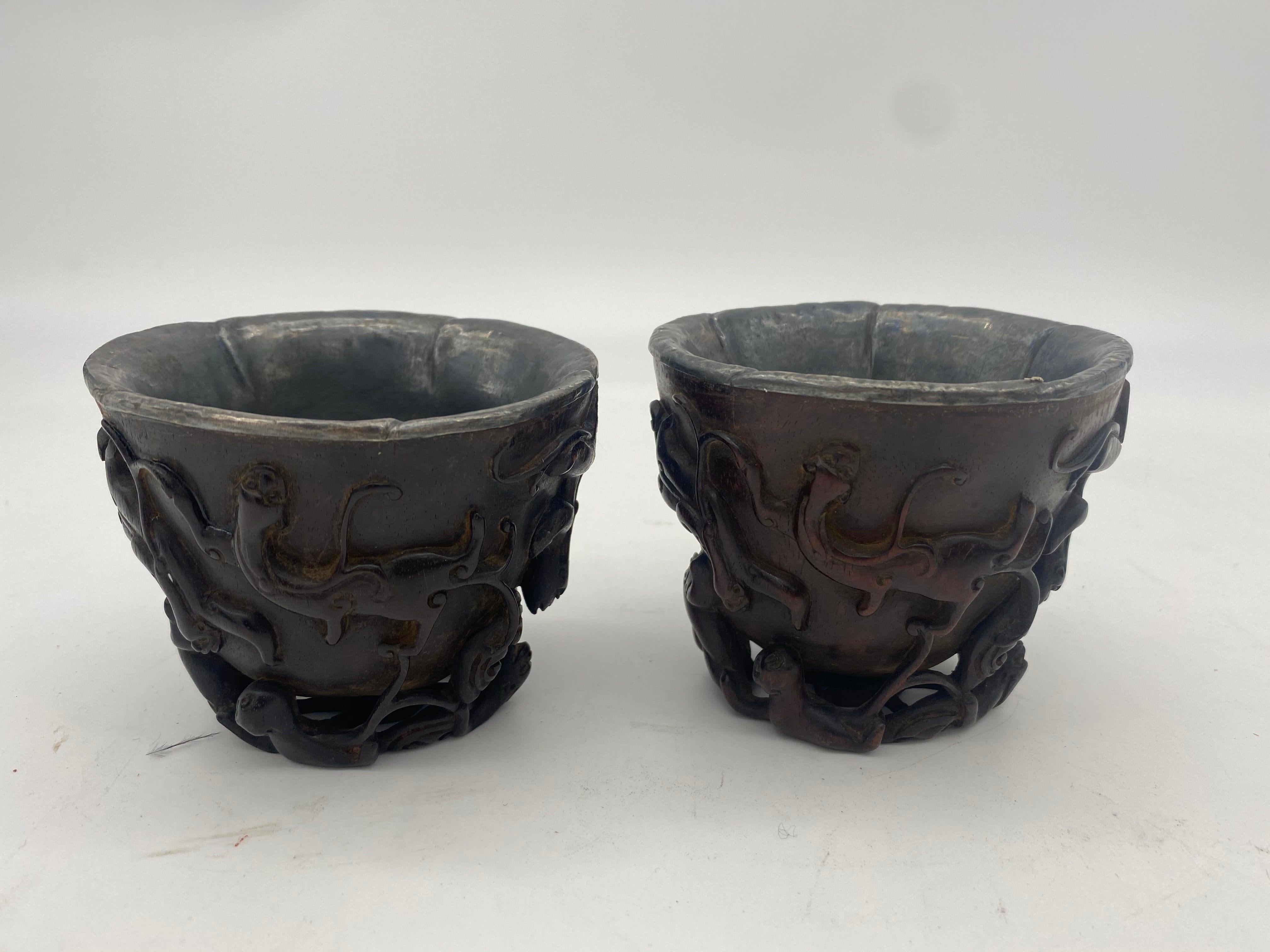 17th Century Pair of Ming Dynasty Chinese ZiTan Inlaid Silver Cups For Sale 3