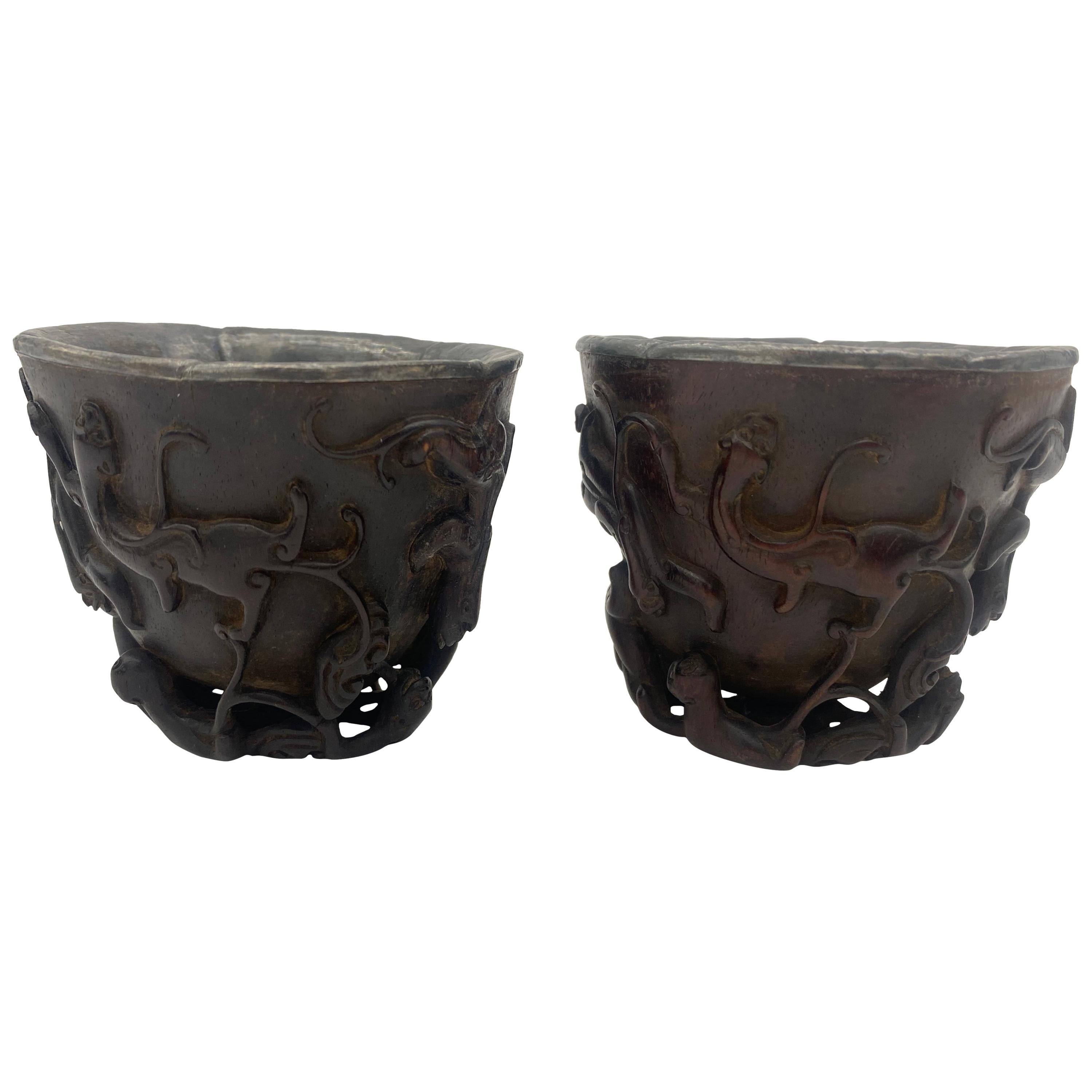 17th Century Pair of Ming Dynasty Chinese ZiTan Inlaid Silver Cups For Sale