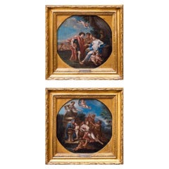 17th Century Pair of Mythological Scenes Roman School Painting Oil on Canvas