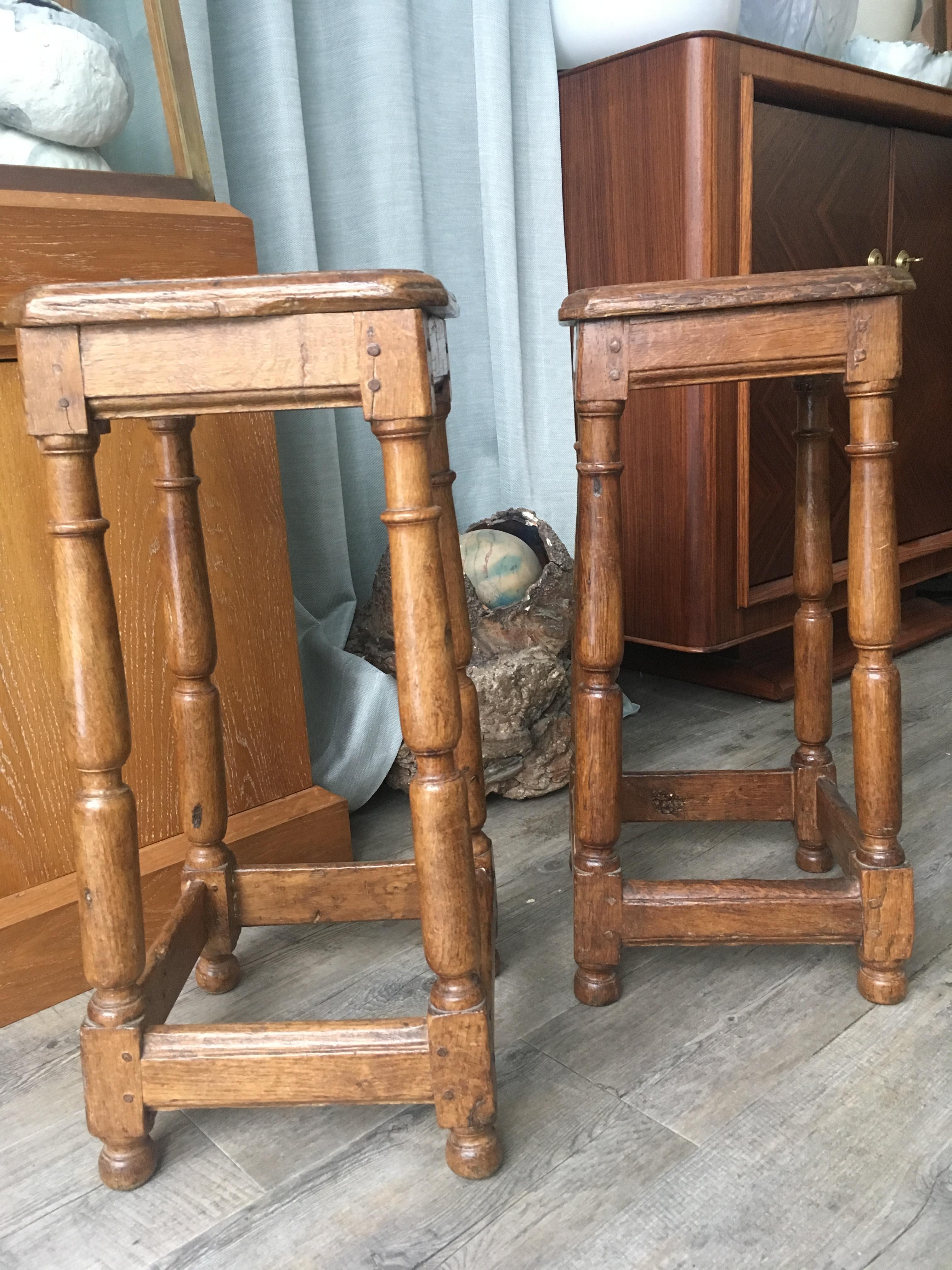 Rare 17th century pair of oak stools can be so stylish in contemporary minimalistic wabi-sabi and tradition interior.
Splendidly preserved this pair of stools could be a great alternative to the midcentury items that are so popular now.