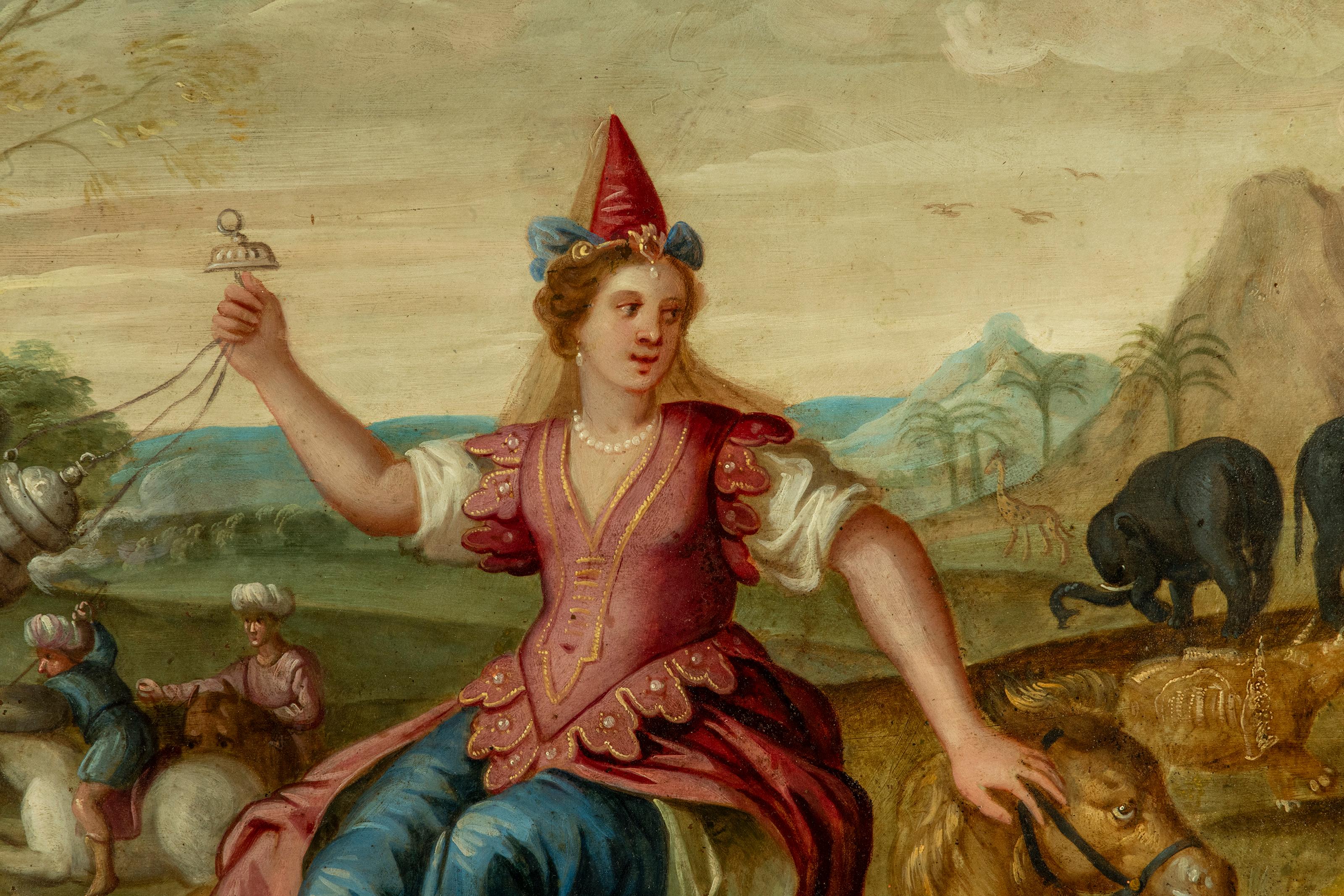 Gemäldepaar Öl auf Kupfer aus dem 17. Jahrhundert mit Allegorien zu Asien und Astrologie (Spanisch Kolonial) im Angebot