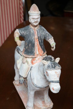 17th Century Pair of Painted Terra Cotta Chinese Gentlemen on Horses