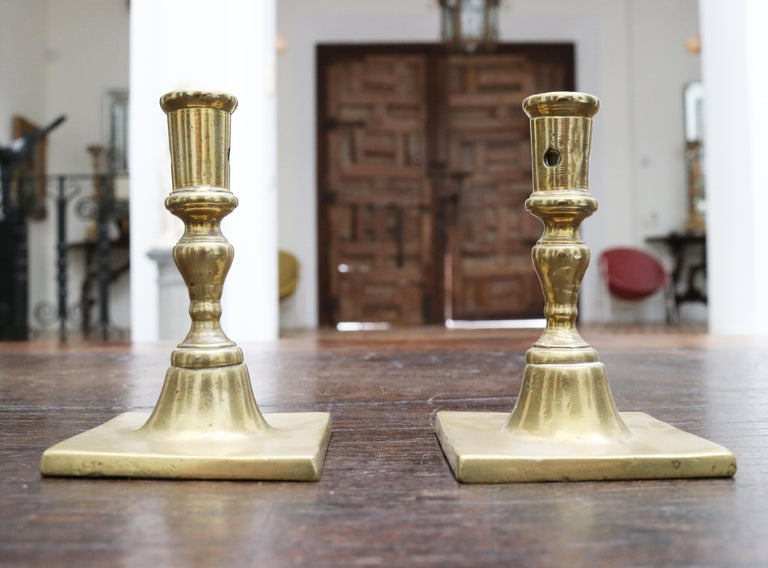 17th Century Pair of Spanish Brass Candleholders For Sale at 1stdibs