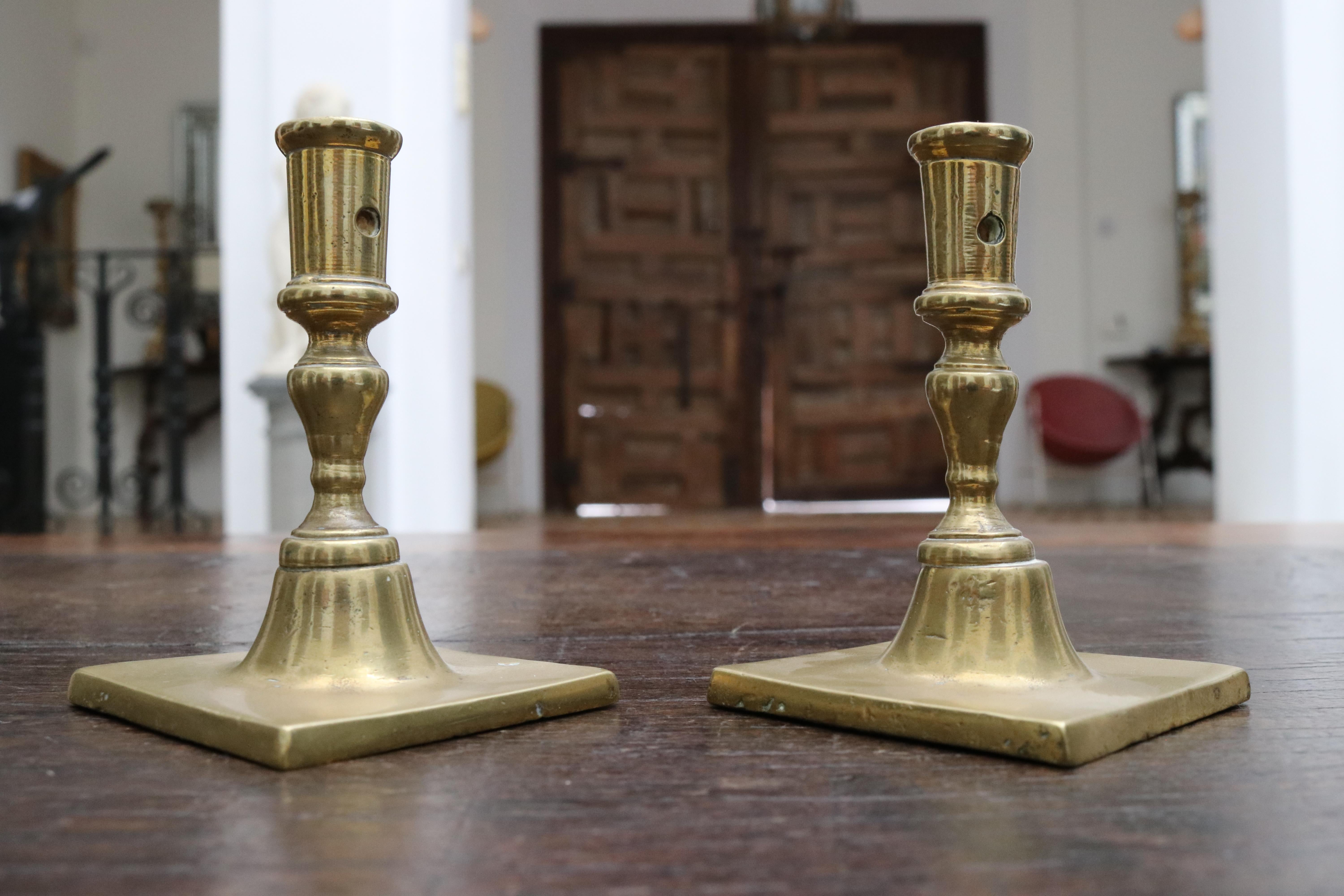18th Century and Earlier 17th Century Pair of Spanish Brass Candlesticks