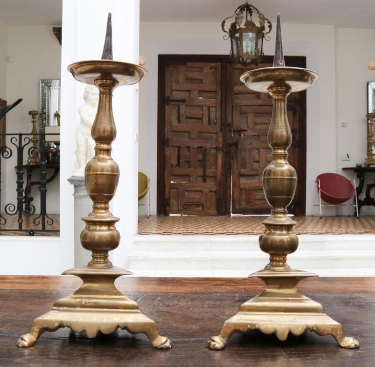 17th Century Pair of Spanish Brass Candle Pricket Sticks For Sale at