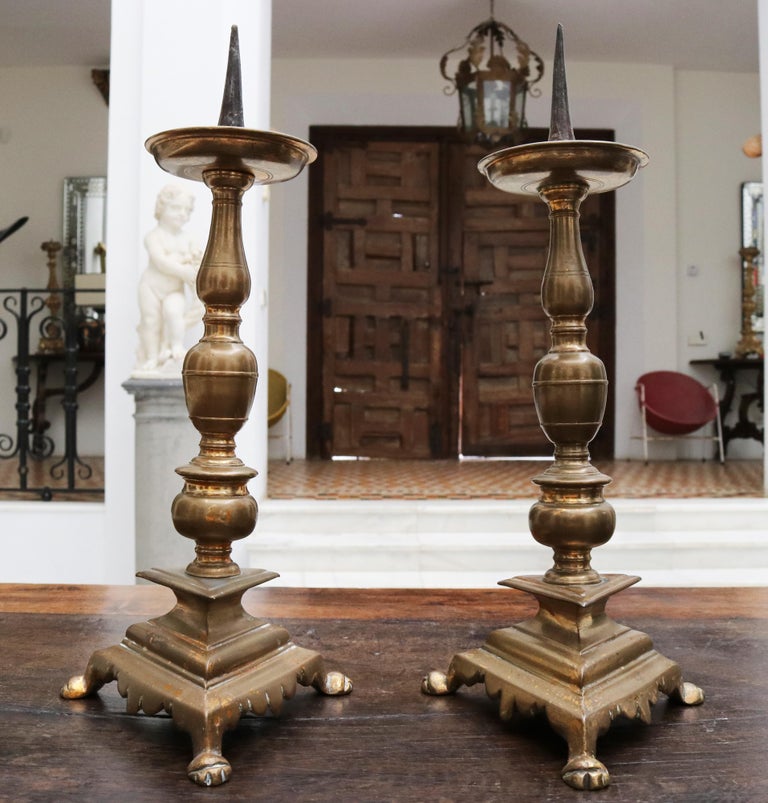 17th Century Pair of Spanish Brass Candle Pricket Sticks For Sale at