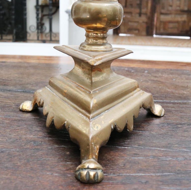 17th Century Pair of Spanish Brass Candle Pricket Sticks For Sale at