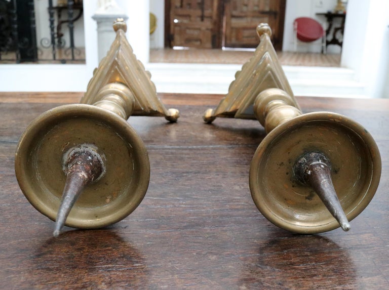 17th Century Pair of Spanish Brass Candle Pricket Sticks For Sale at