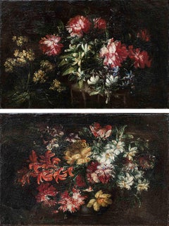 17th Century Pair of Still Lifes with Flowers Paintings Oil on Canvas