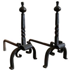 Italy 17th Century Medieval Pair of Wrought Cast Iron Fireplace Andirons