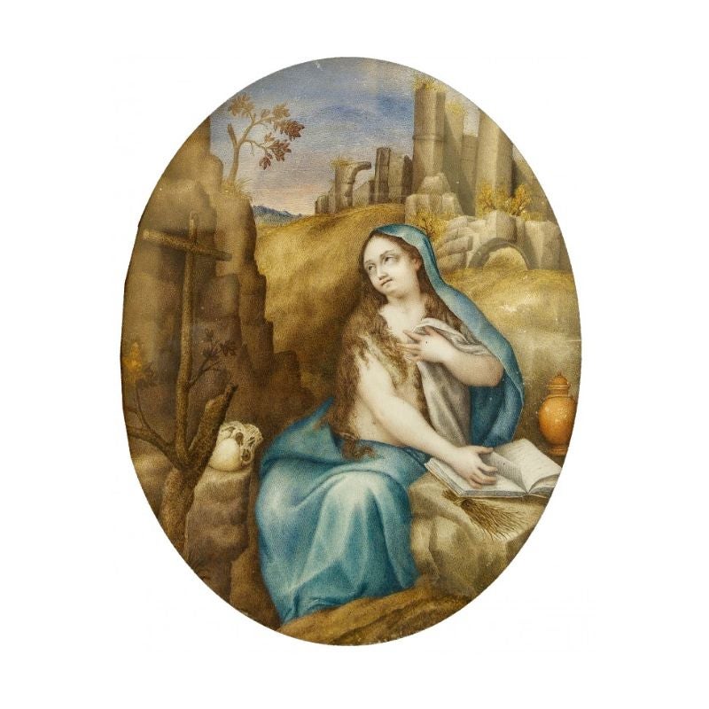 Giovanni Battista Castello, bekannt als „Il Genovese“ (1547-1637) 

Büßende Magdalena

Tempera auf Pergament, 21 x 17 cm

Rahmen 26 x 22 cm

Das kostbare Tempera-Gemälde auf Pergament bezieht sich auf die Hand des Malers Giovanni Battista