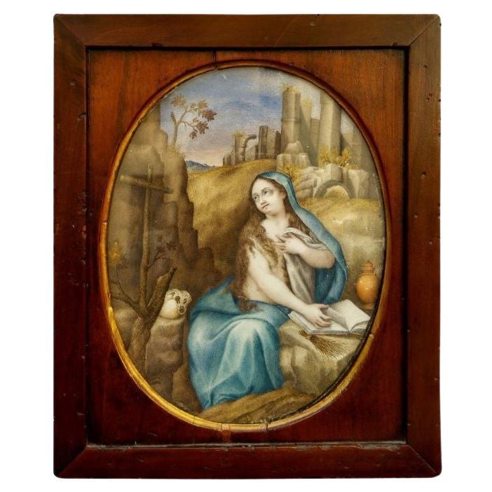 17th Century Penitent Magdalene Painting Tempera on Parchment by Genovese For Sale