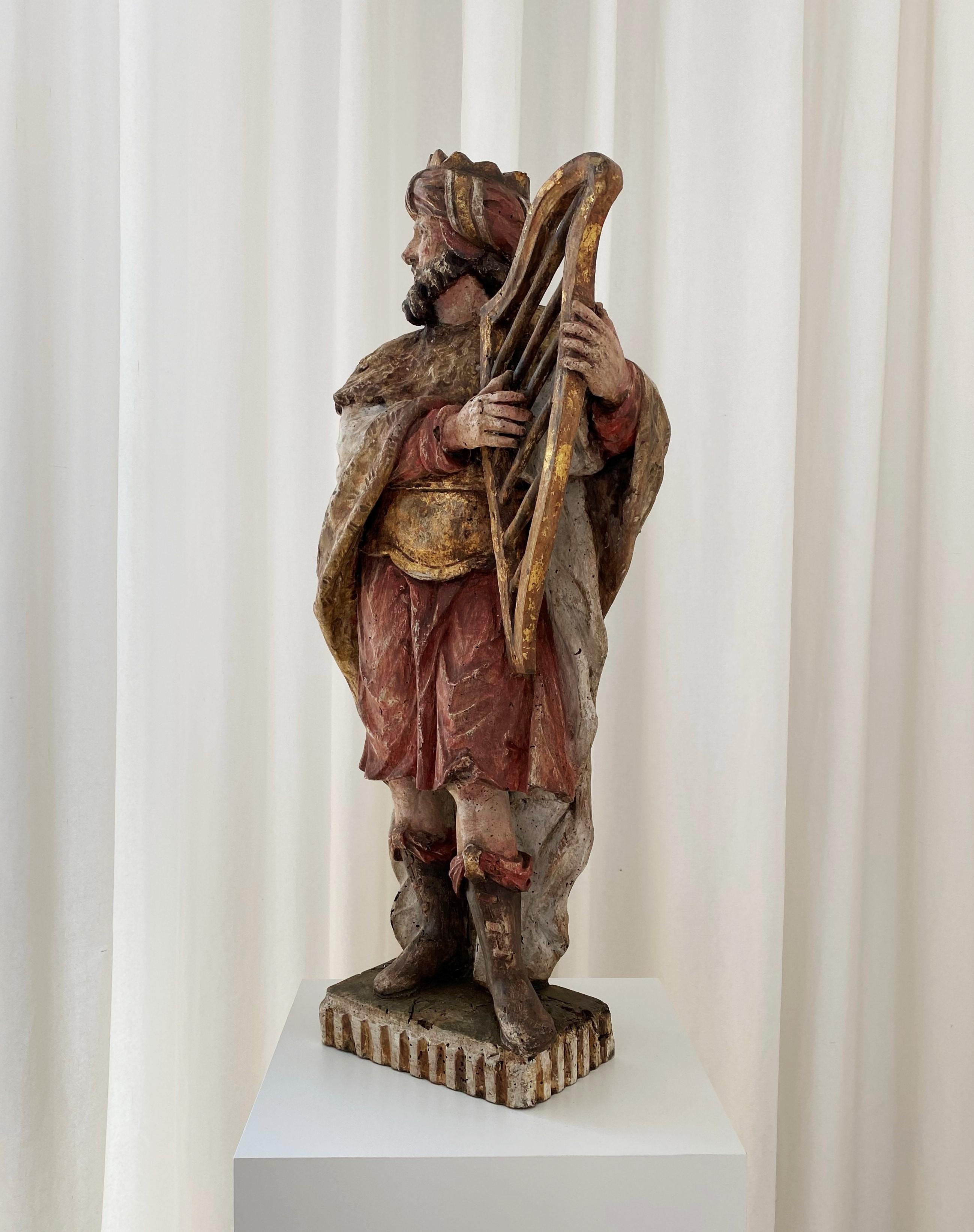 Baroque 17th Century Polychrome Carved Sculpture of King David Playing the Harp
