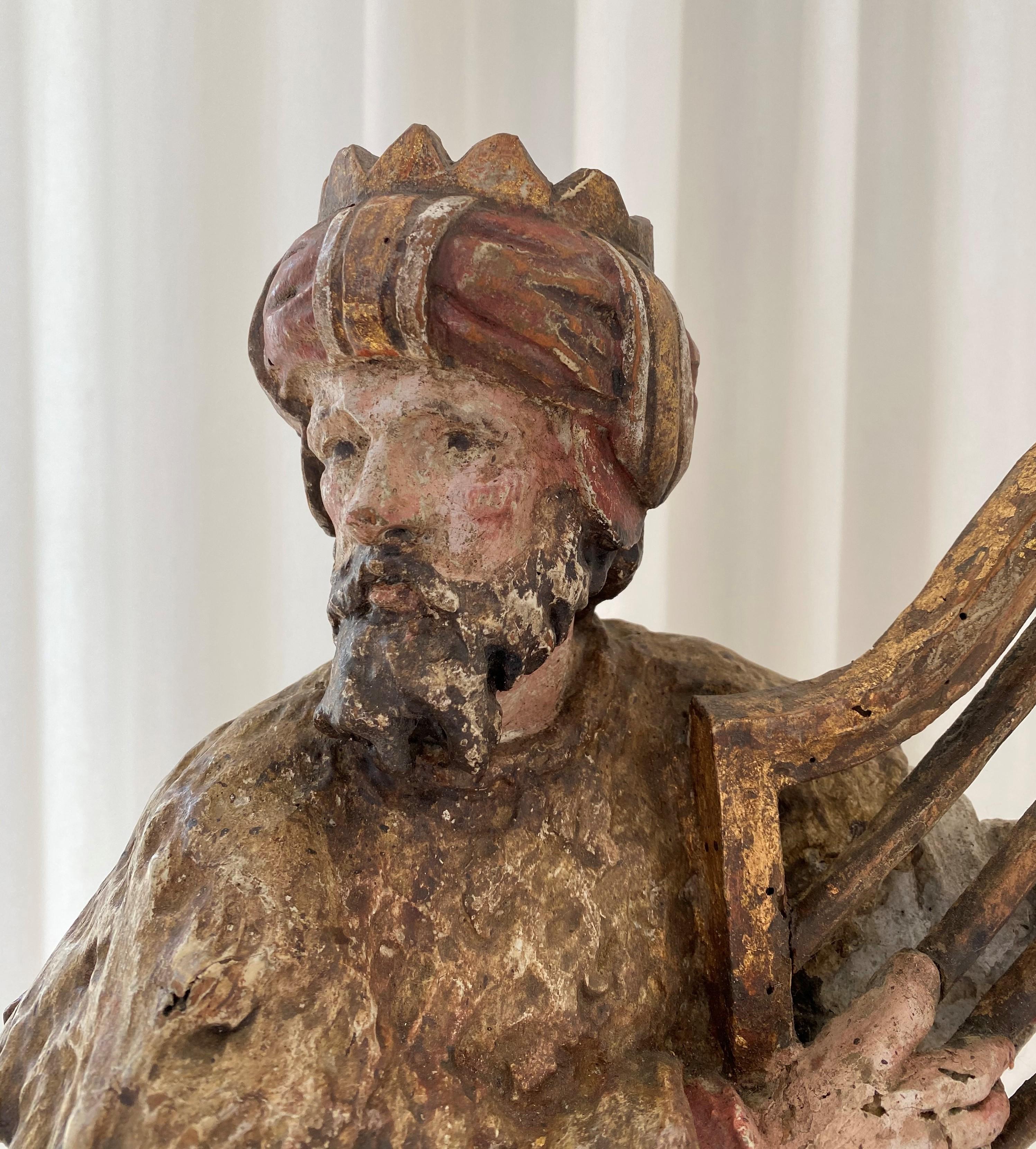 Belgian 17th Century Polychrome Carved Sculpture of King David Playing the Harp