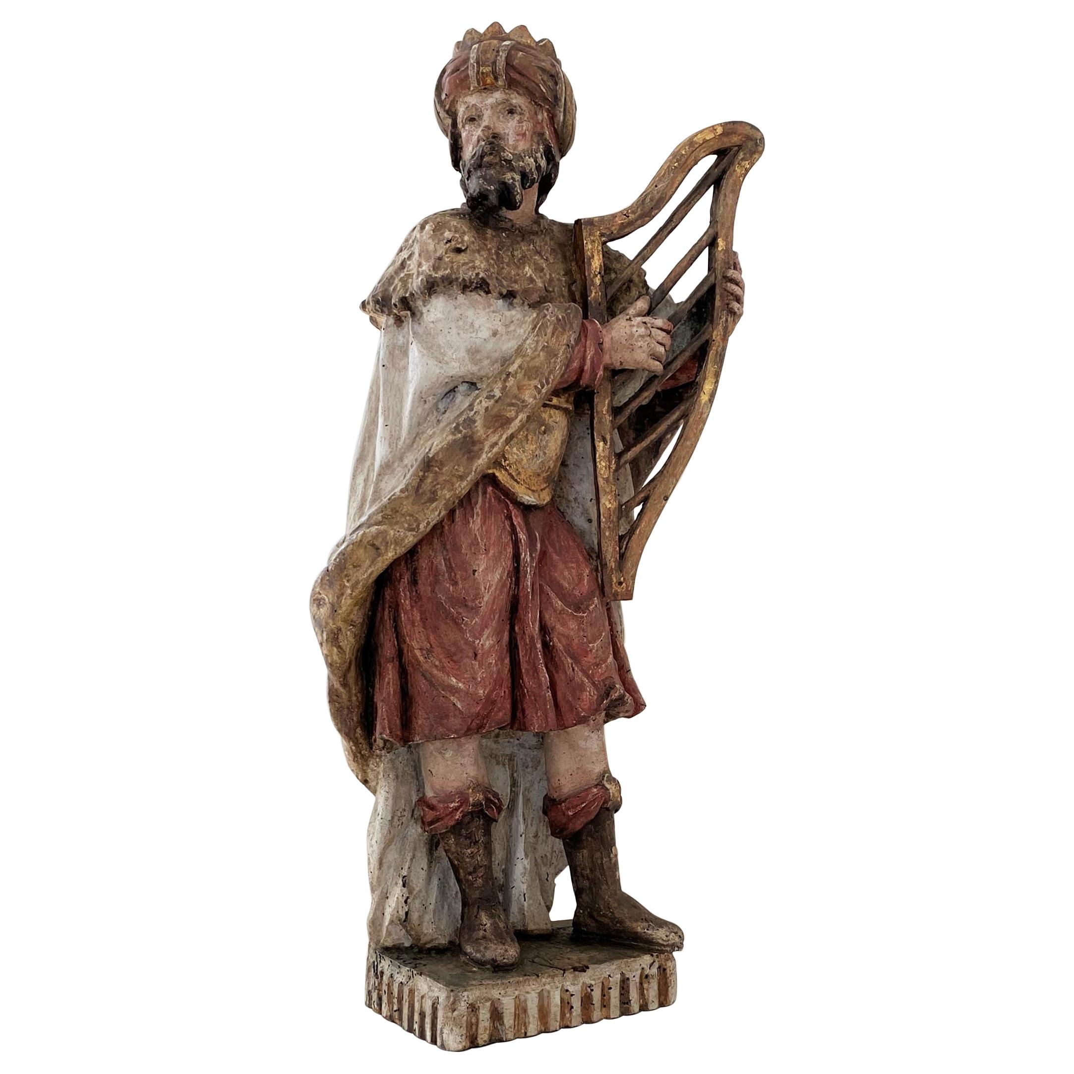 17th Century Polychrome Carved Sculpture of King David Playing the Harp