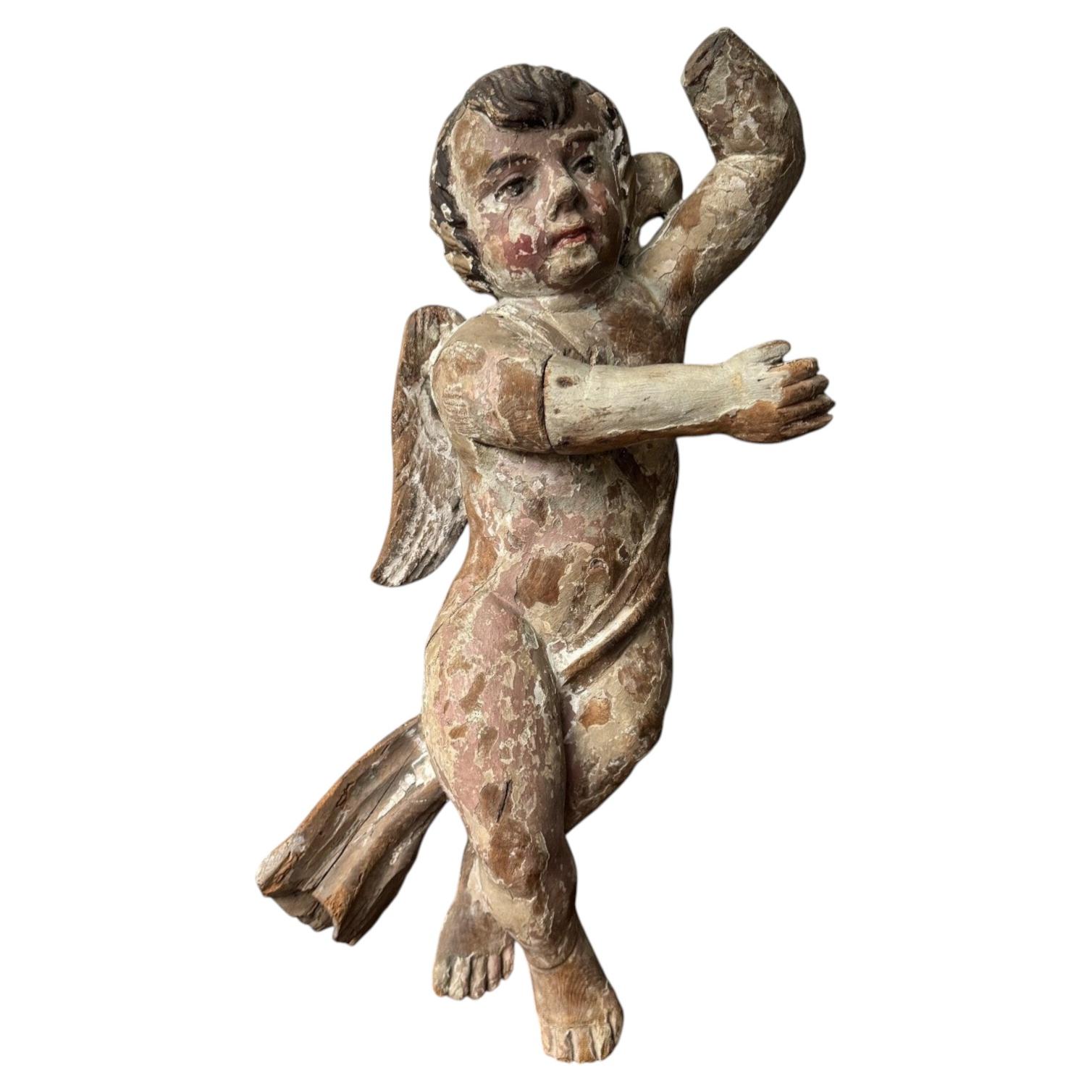 17th Century Polychrome Carved Wooden Cherub
