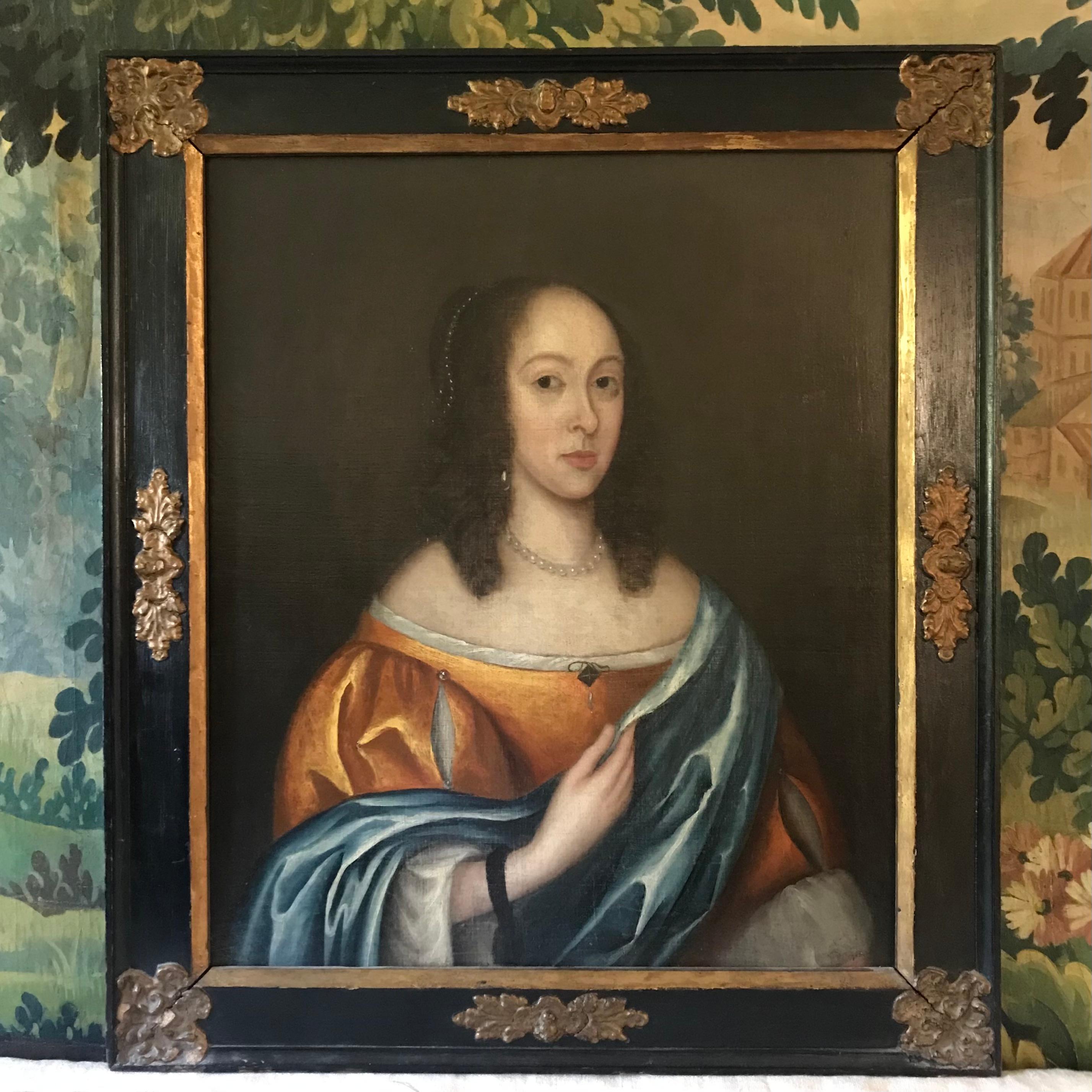 Exceptional mid 17th century portrait of a very beautiful and elegant lady - wearing dress and jewels typical of the period - sadly the sitter is unknown -  a superb quality painting in the style of Sir Godfrey Kneller who succeeded Sir Peter Levy
