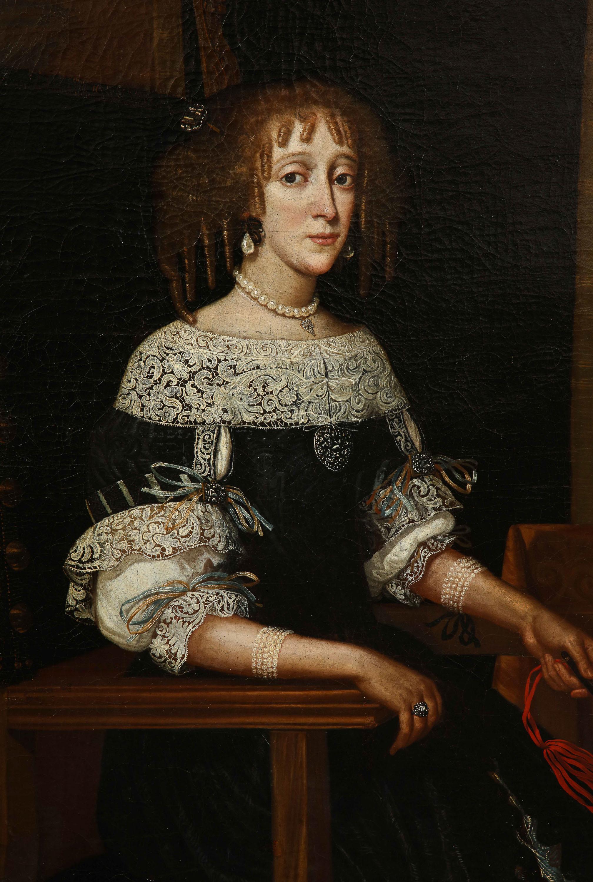 Fine Charles II period oil on canvas portrait of a noblewoman, her black dress with exquisitely painted white lace, wearing pear drop pearl earings and a pearl necklace, seated in leather upholstered armchair and holding a fan with red ribbon