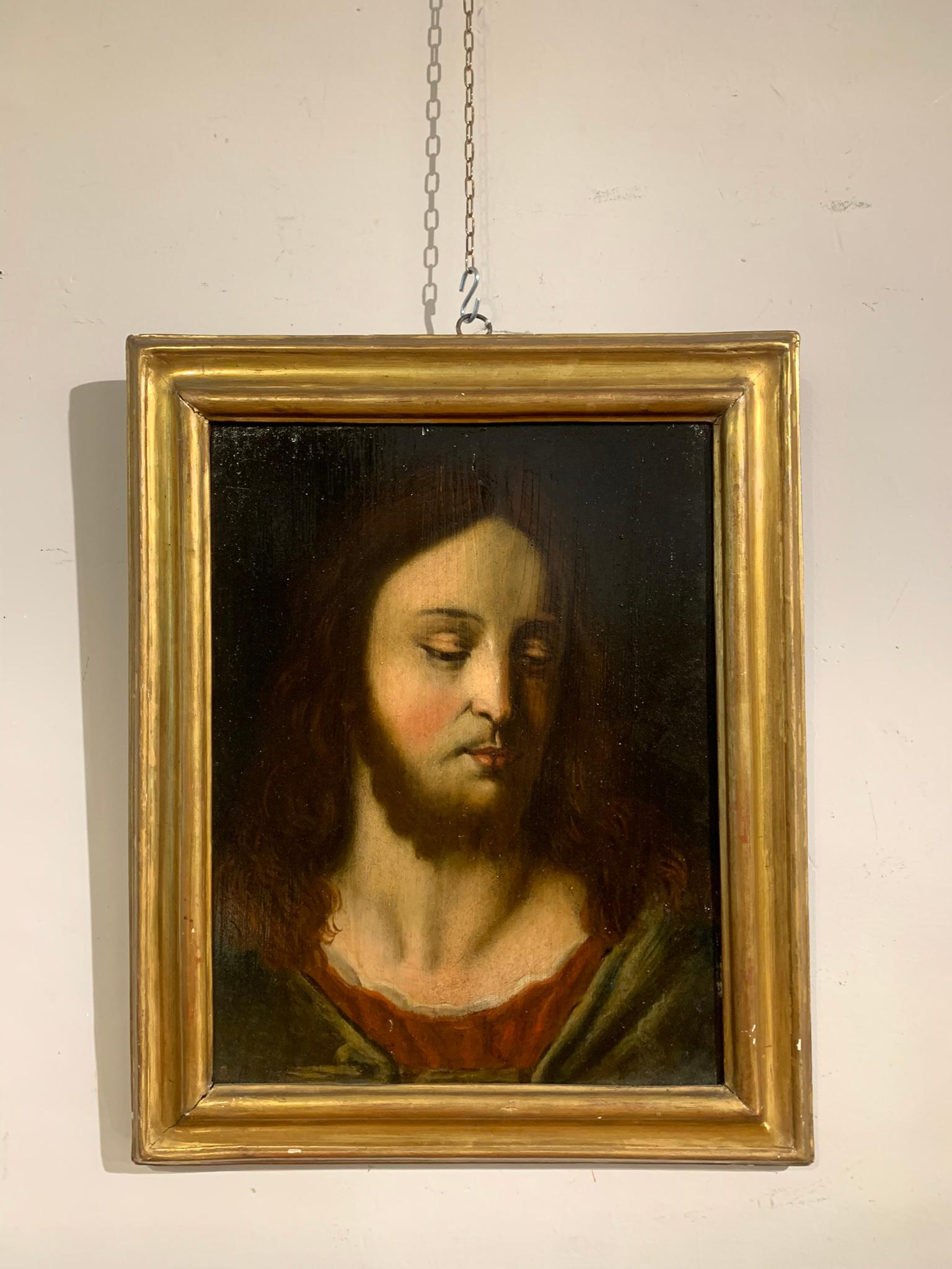 Wunderschönes Ölgemälde auf Tafel, das Christus darstellt und mit einem Kreidepräparat angefertigt wurde, das der Figur Helligkeit und Tiefe verleiht. Das Werk kann einem venezianischen Maler zugeschrieben werden oder einem, der in der zweiten