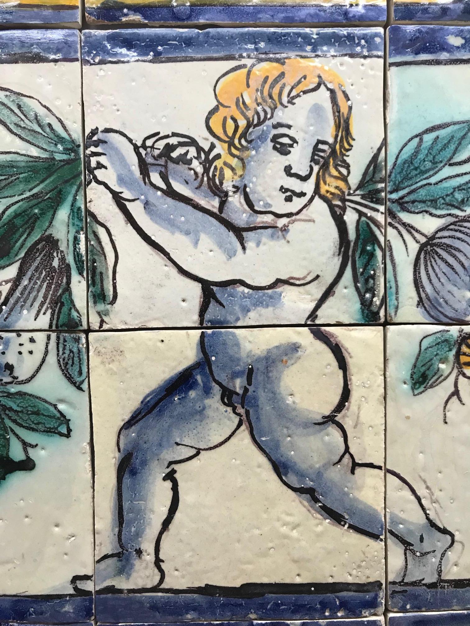 17th Century Portuguese Azulejos with Angels In Fair Condition In Lisbon, PT