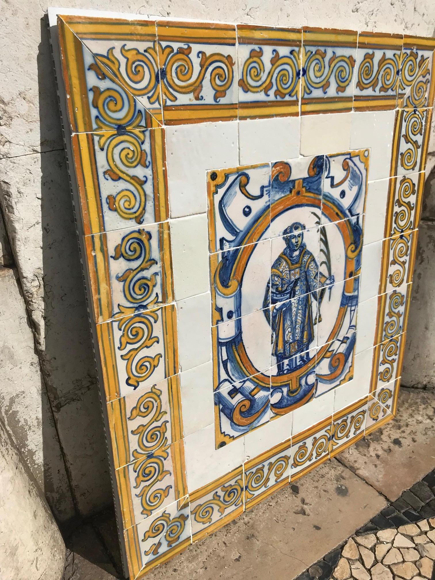 Glazed 17th Century  polychrome Portuguese Azulejos with Saint Vincent For Sale