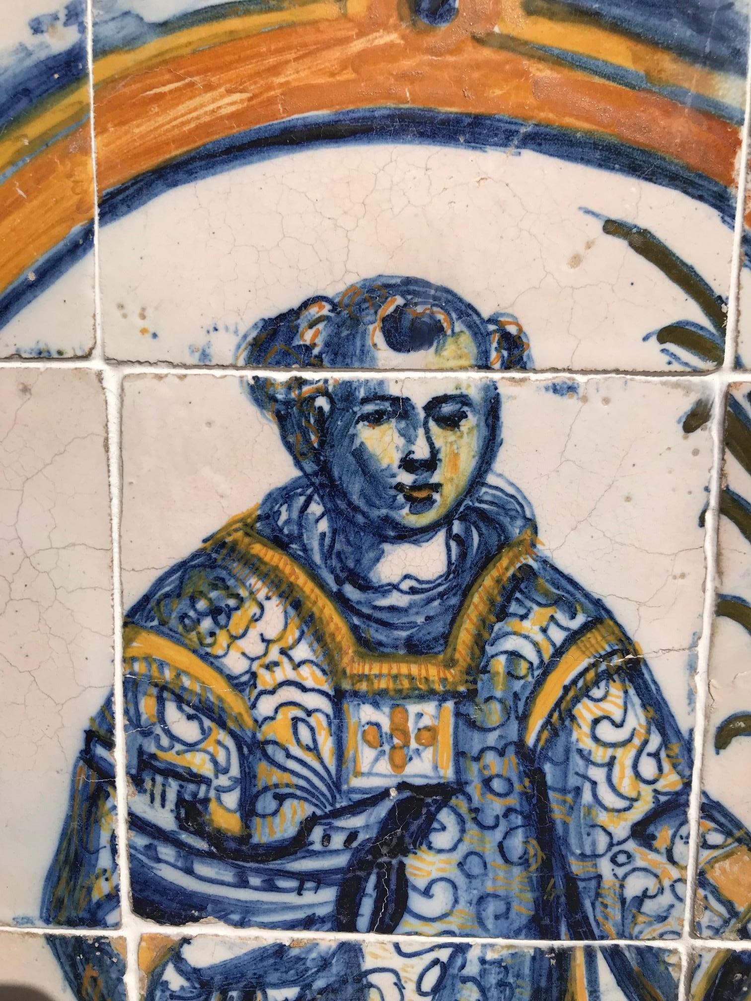 Terracotta 17th Century  polychrome Portuguese Azulejos with Saint Vincent For Sale