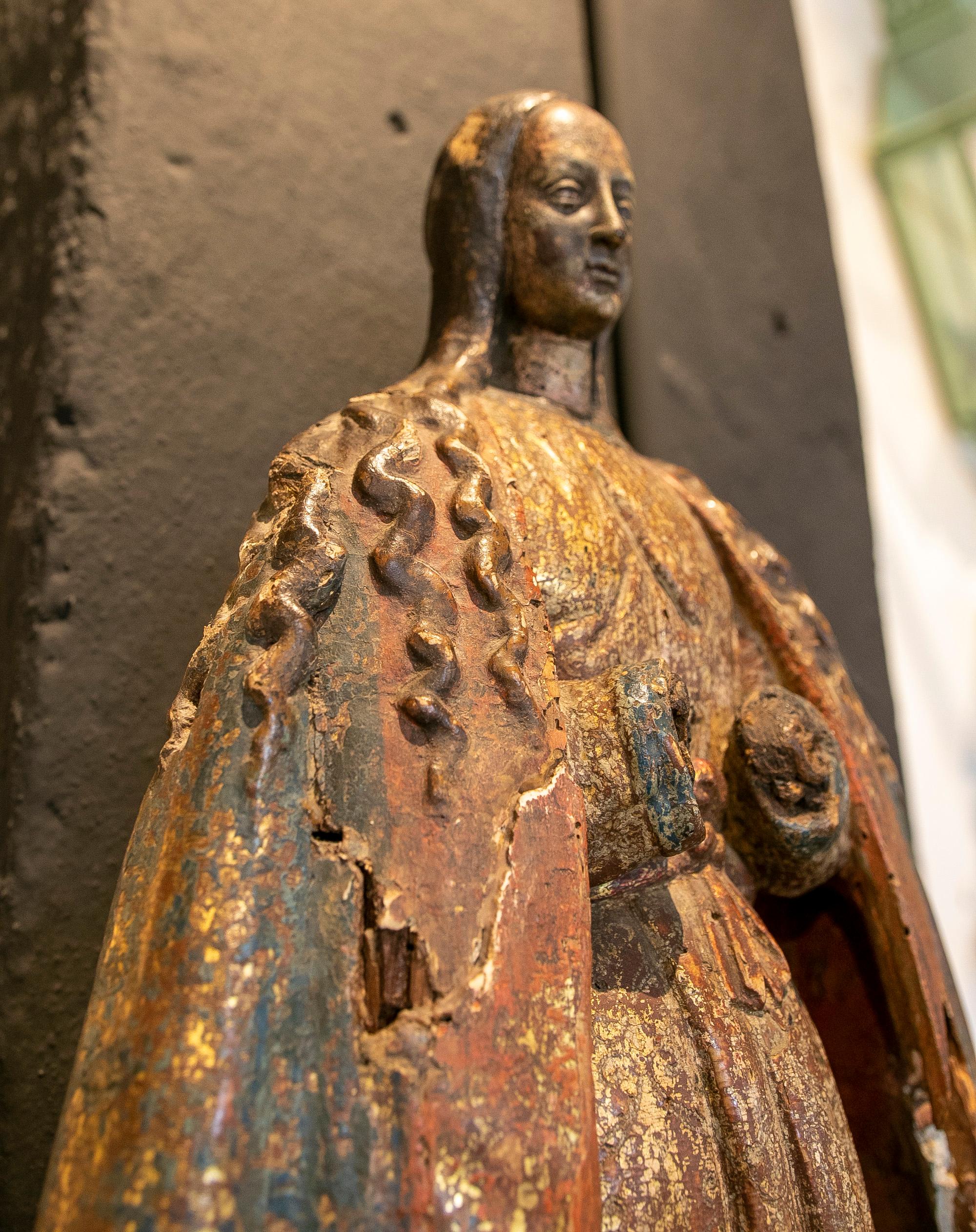18th Century and Earlier 17th Century Portuguese Sculpture of a Polychromed Virgin with Mantle