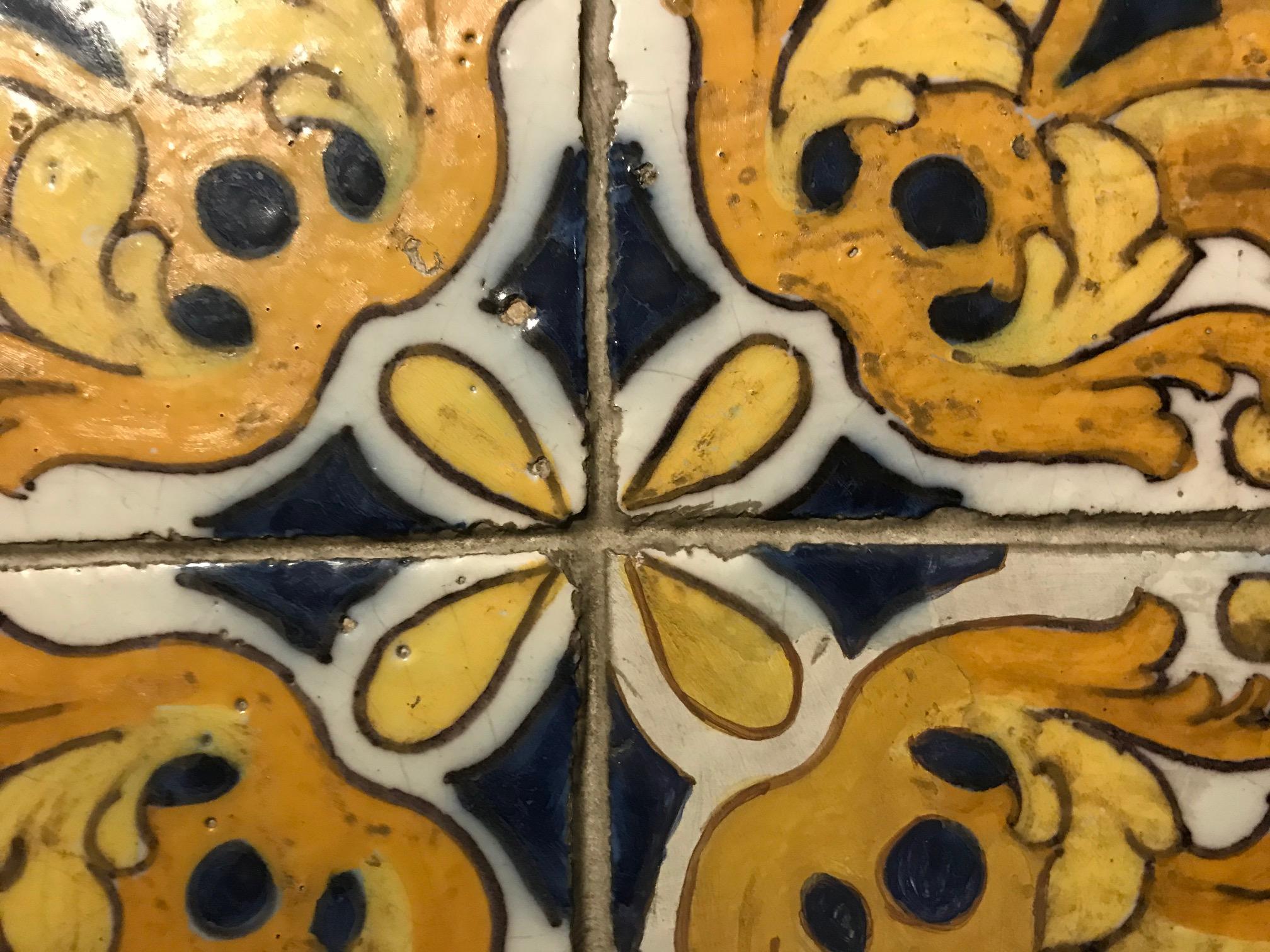 18th Century and Earlier 17th Century Portuguese polychrome blue and yellow on white tile Mural For Sale