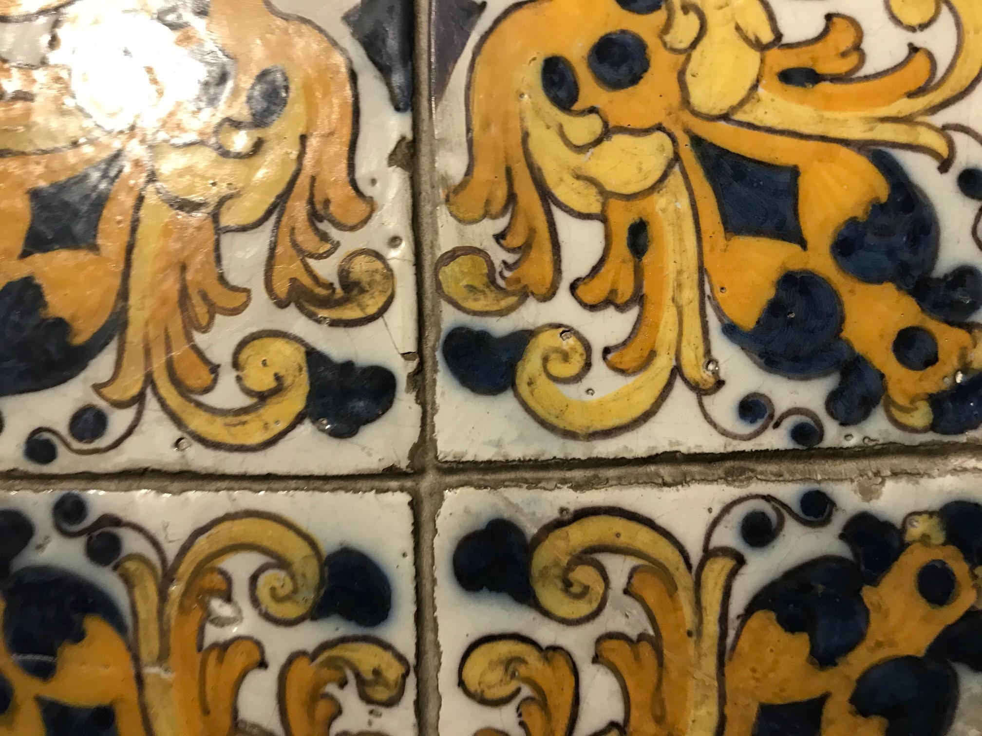 Ceramic 17th Century Portuguese polychrome blue and yellow on white tile Mural For Sale