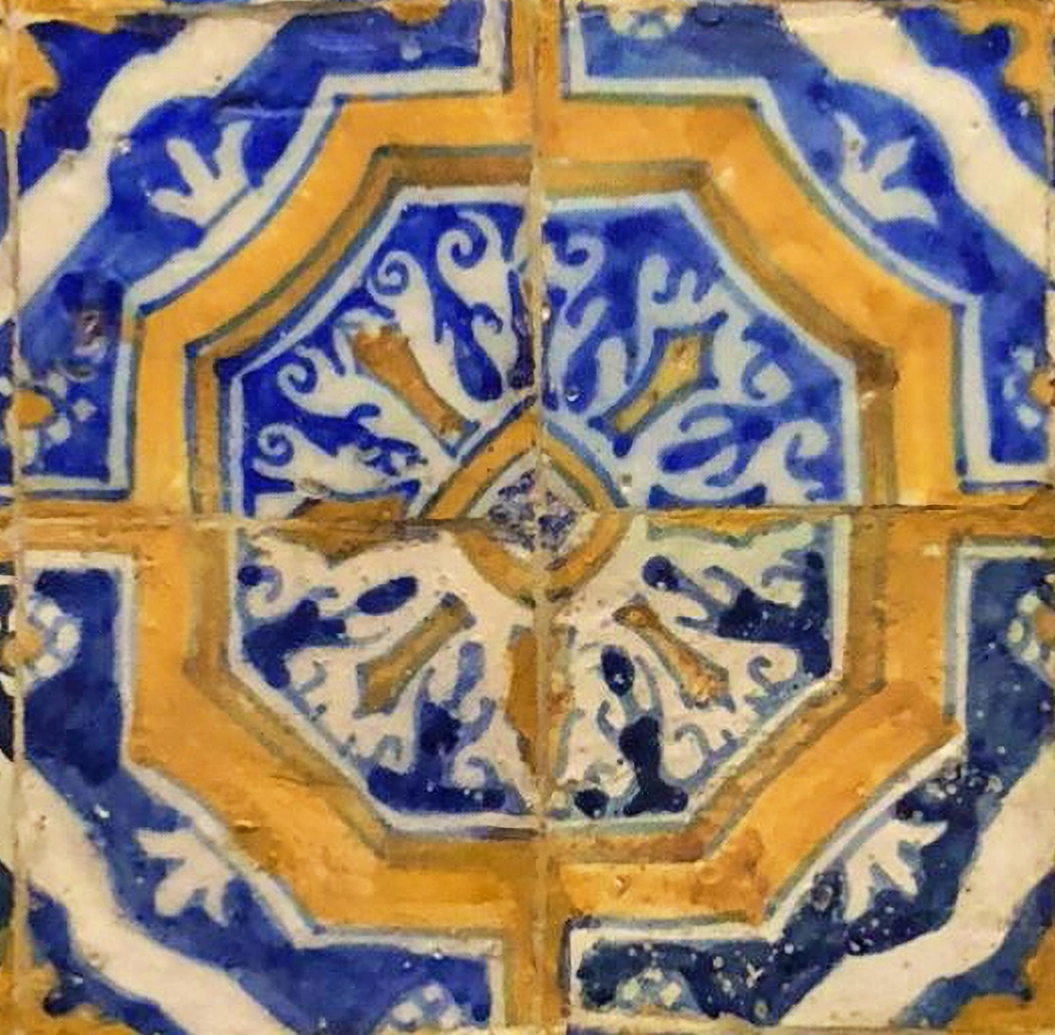 17th century Portuguese Tile Panel
Restored
Measures: 56cm x 56cm
14cm x 14cm tiles

With certificate of authenticity and export issued by the Directorate General of Portuguese Cultural Heritage, the only official department for issuing certificates
