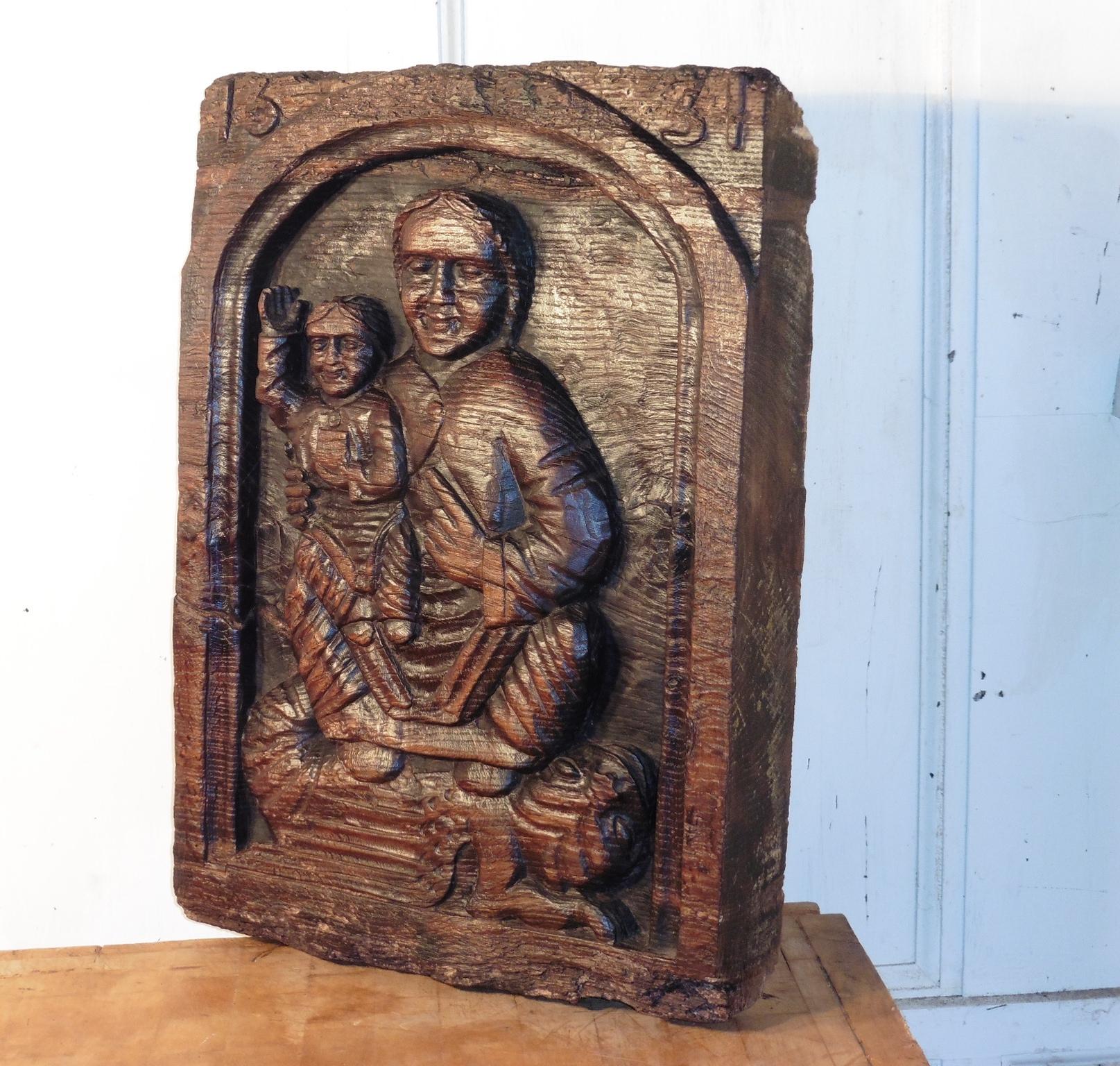 Medieval 17th Century Primitive Religious Carving Oak Panel 1631 For Sale