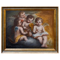 17th Century, Putti Musicians Painting Oil on Canvas Genoese School