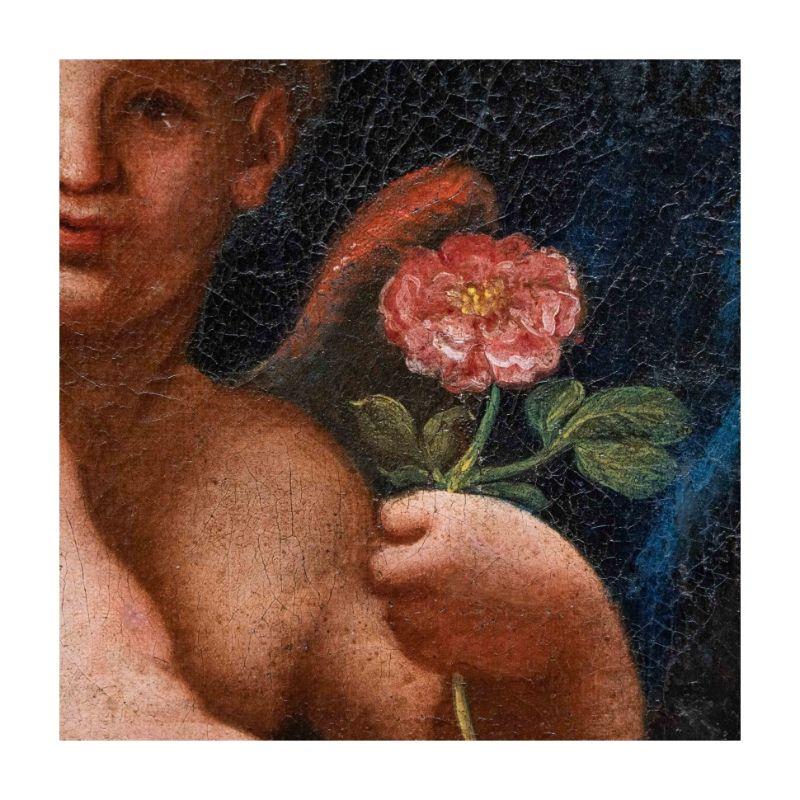 Oiled 17th Century Putto with Rose Painting Oil on Canvas Emilian School For Sale