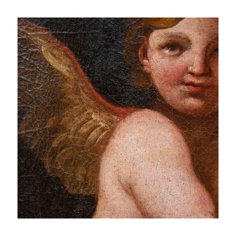 17th Century Putto with Rose Painting Oil on Canvas Emilian School In Good Condition For Sale In Milan, IT