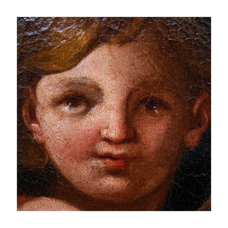 17th Century Putto with Rose Painting Oil on Canvas Emilian School For Sale 2