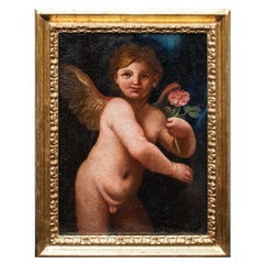 17th Century Putto with Rose Painting Oil on Canvas Emilian School