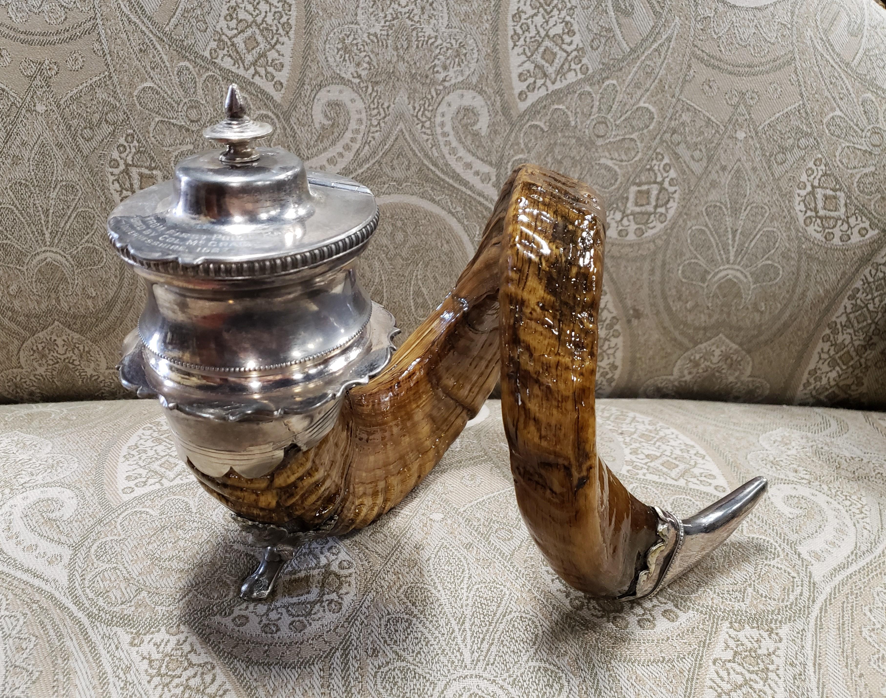 17th century ram horn snuff box and ram horn inkwell. Genuine ram horn with silver plated tip and top. Top is inscribed 