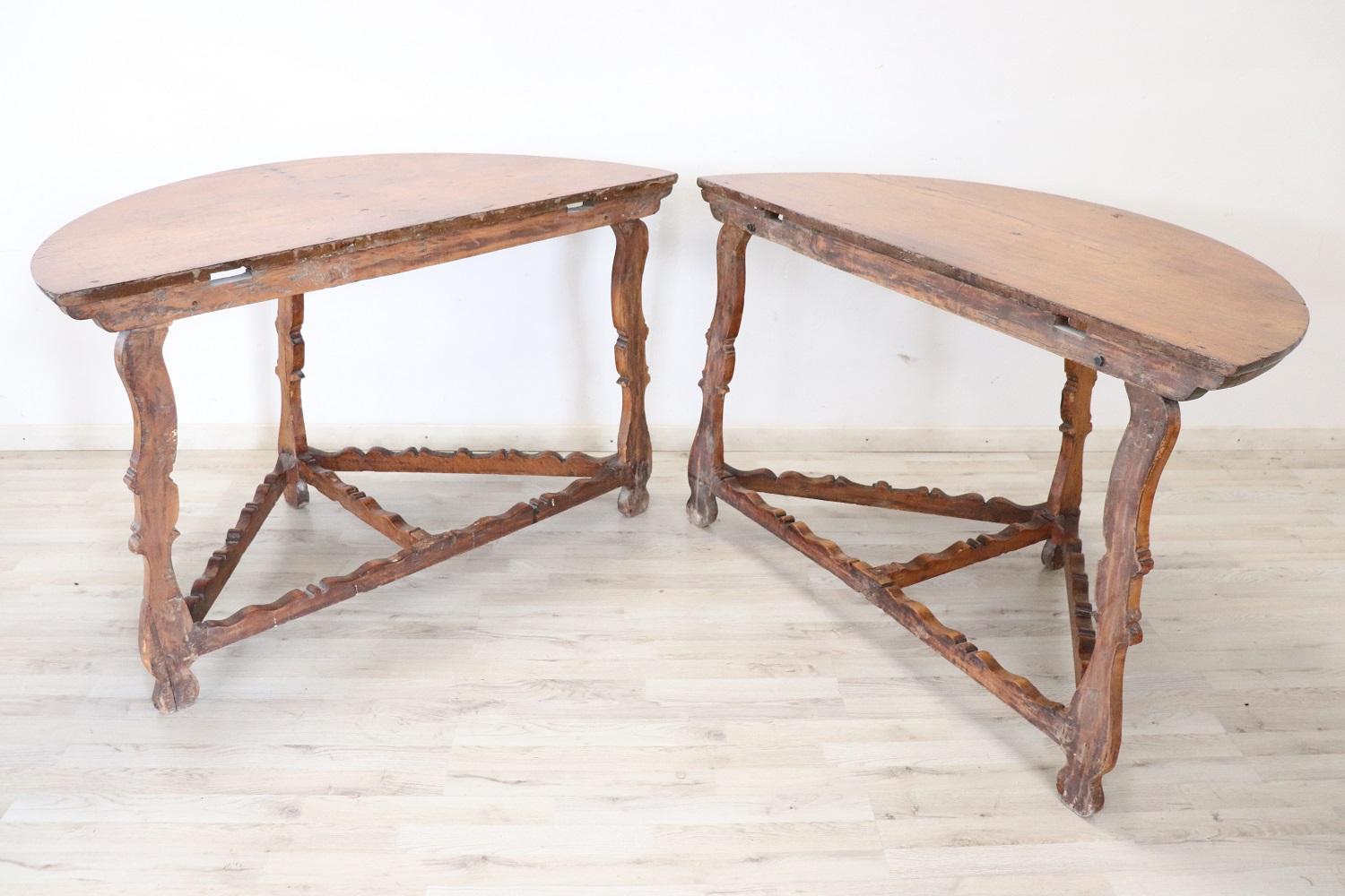 Hand-Carved 17th Century Rare Antique Pair of Console Table Convertible into a Round Table
