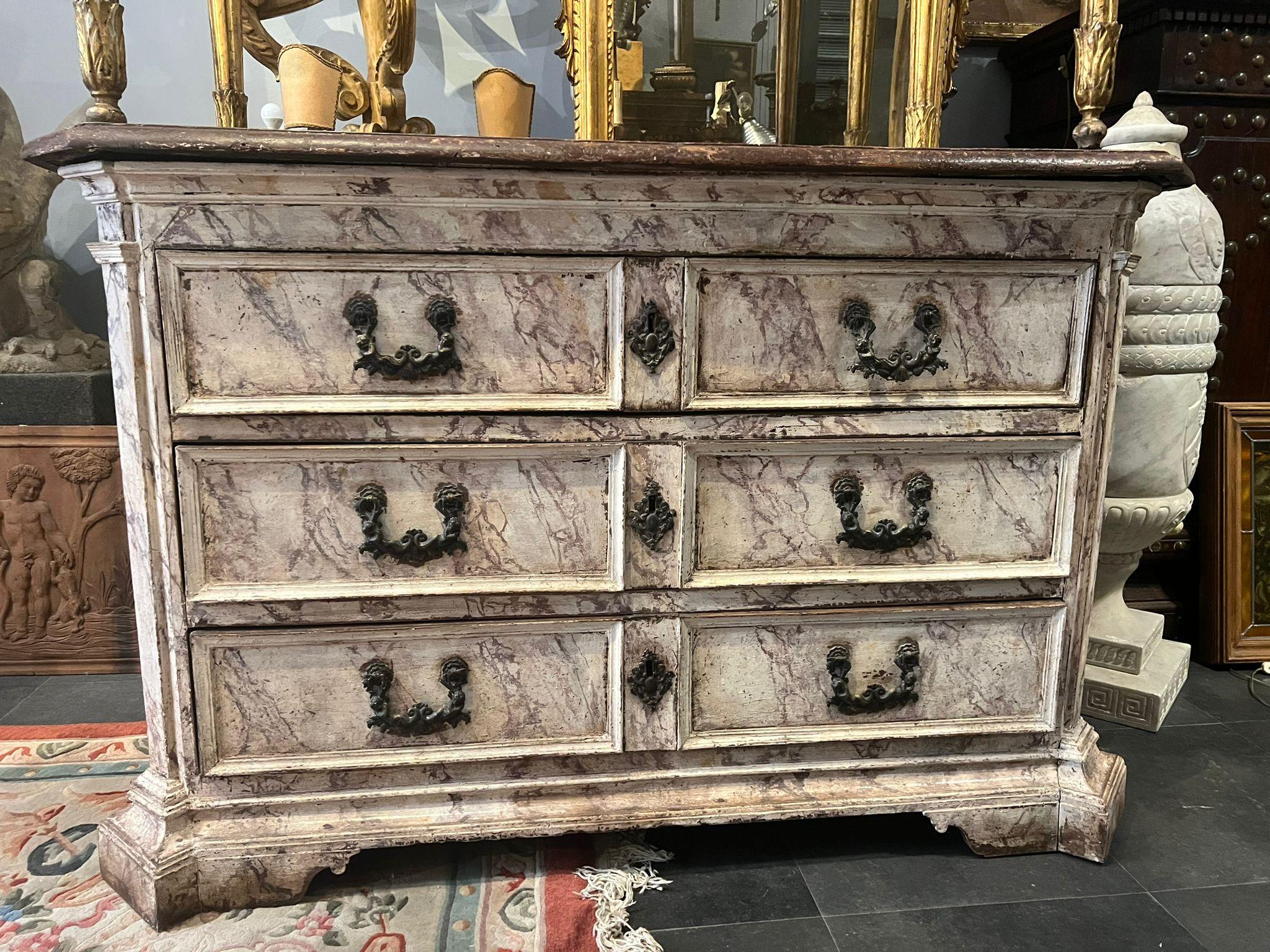 18th Century and Earlier 17th Century Rare Chest Of Drawers Painted With Faux Marble