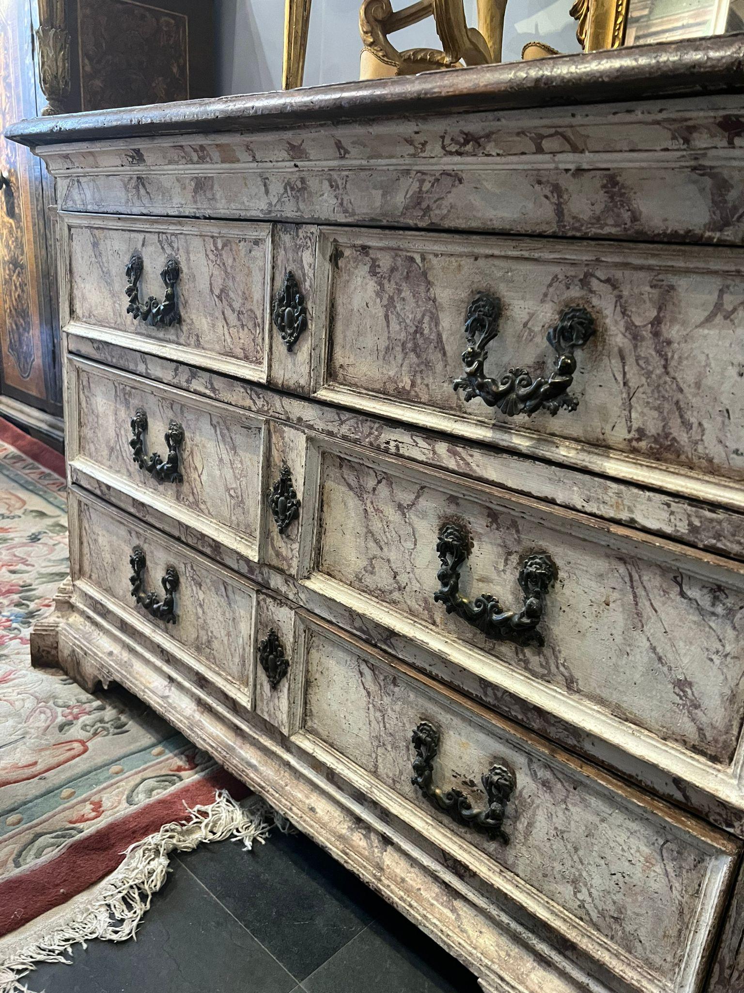 Wood 17th Century Rare Chest Of Drawers Painted With Faux Marble