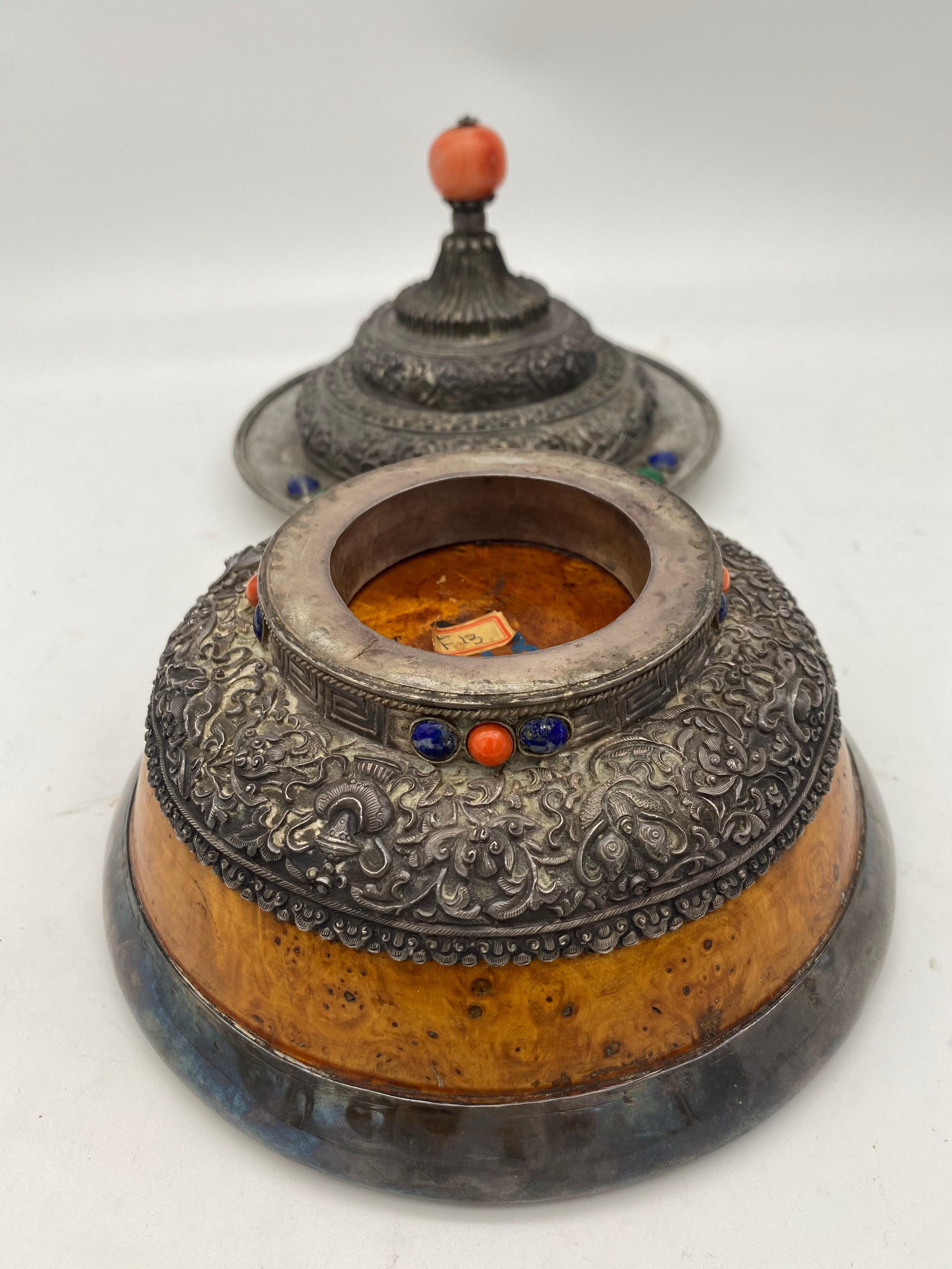 17th Century Rare Tibetan Silver Mounted Brul Covered Bowl with Coral For Sale 7