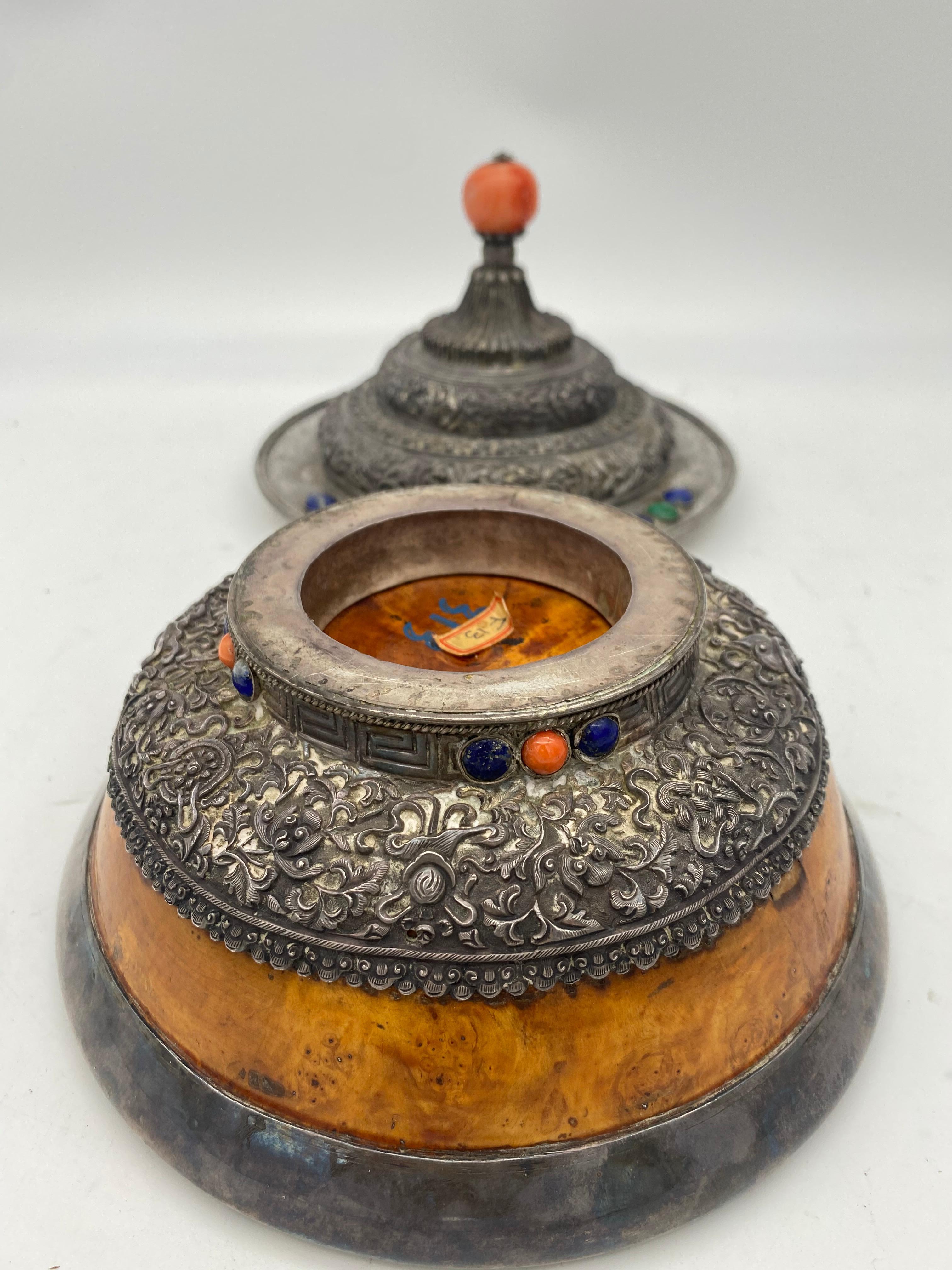 17th Century Rare Tibetan Silver Mounted Brul Covered Bowl with Coral For Sale 8