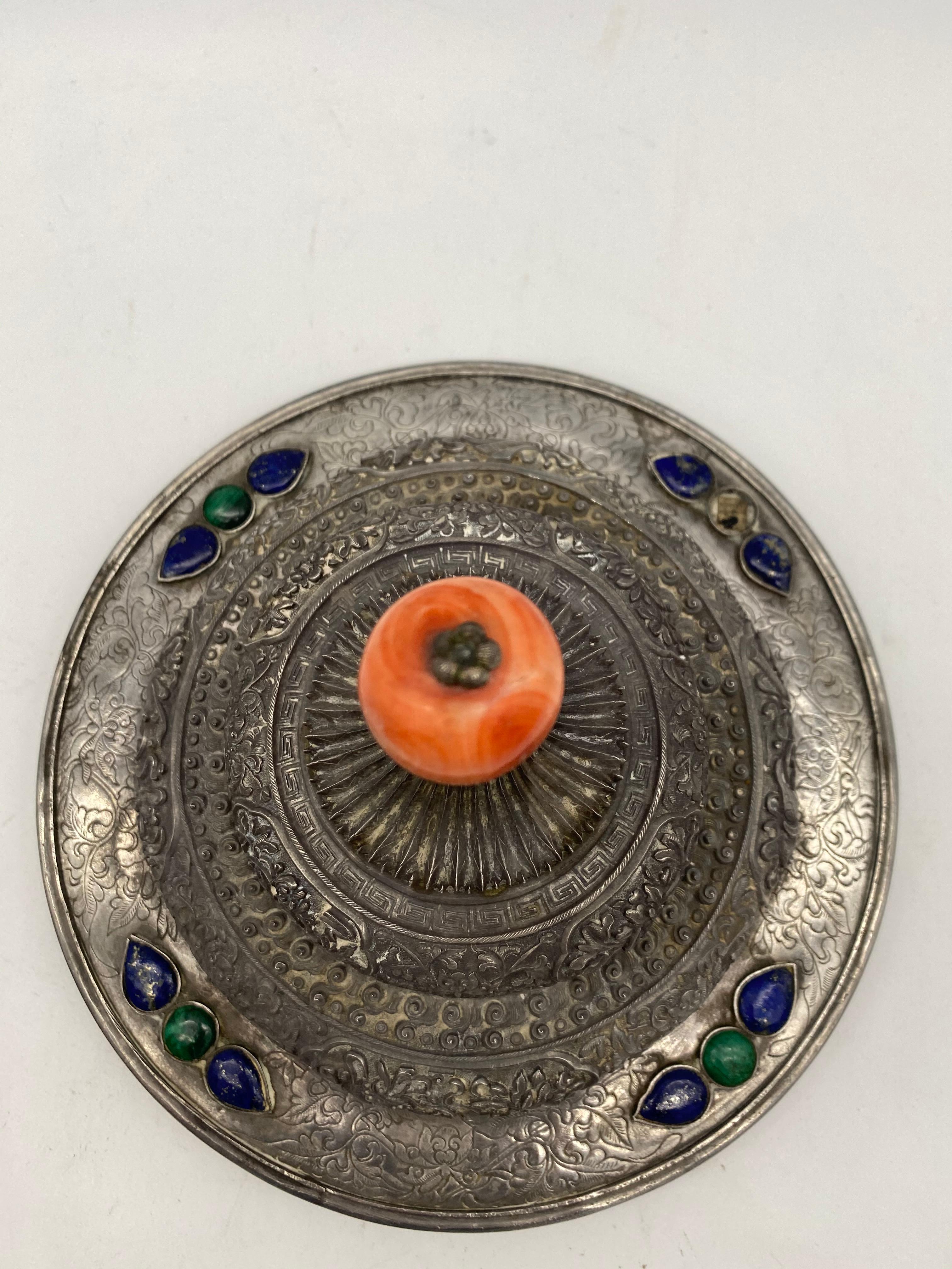 17th Century Rare Tibetan Silver Mounted Brul Covered Bowl with Coral For Sale 9