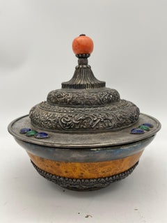 17th Century Rare Tibetan Silver Mounted Brul Covered Bowl with Coral