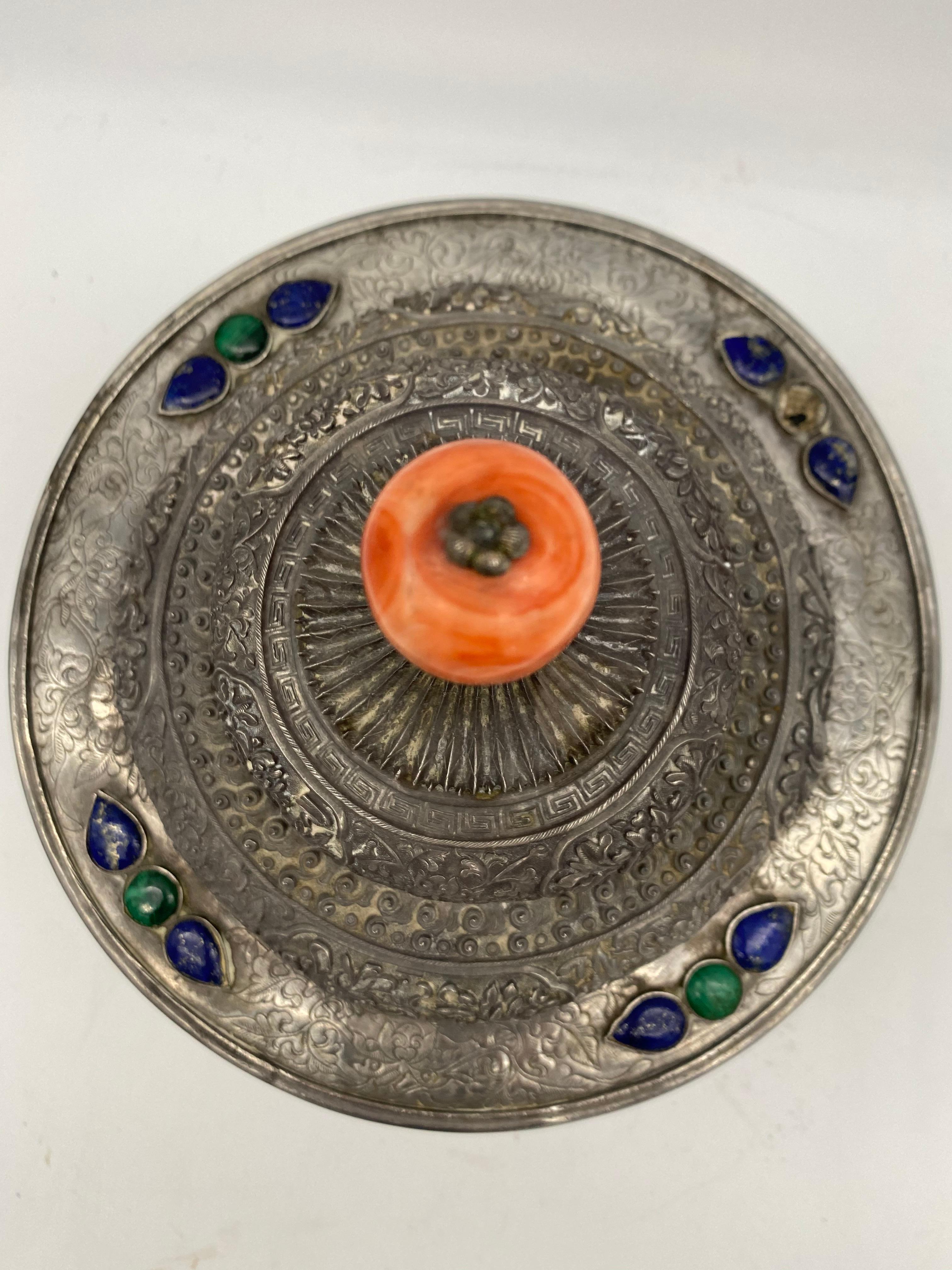 Carved 17th Century Rare Tibetan Silver Mounted Brul Covered Bowl with Coral For Sale