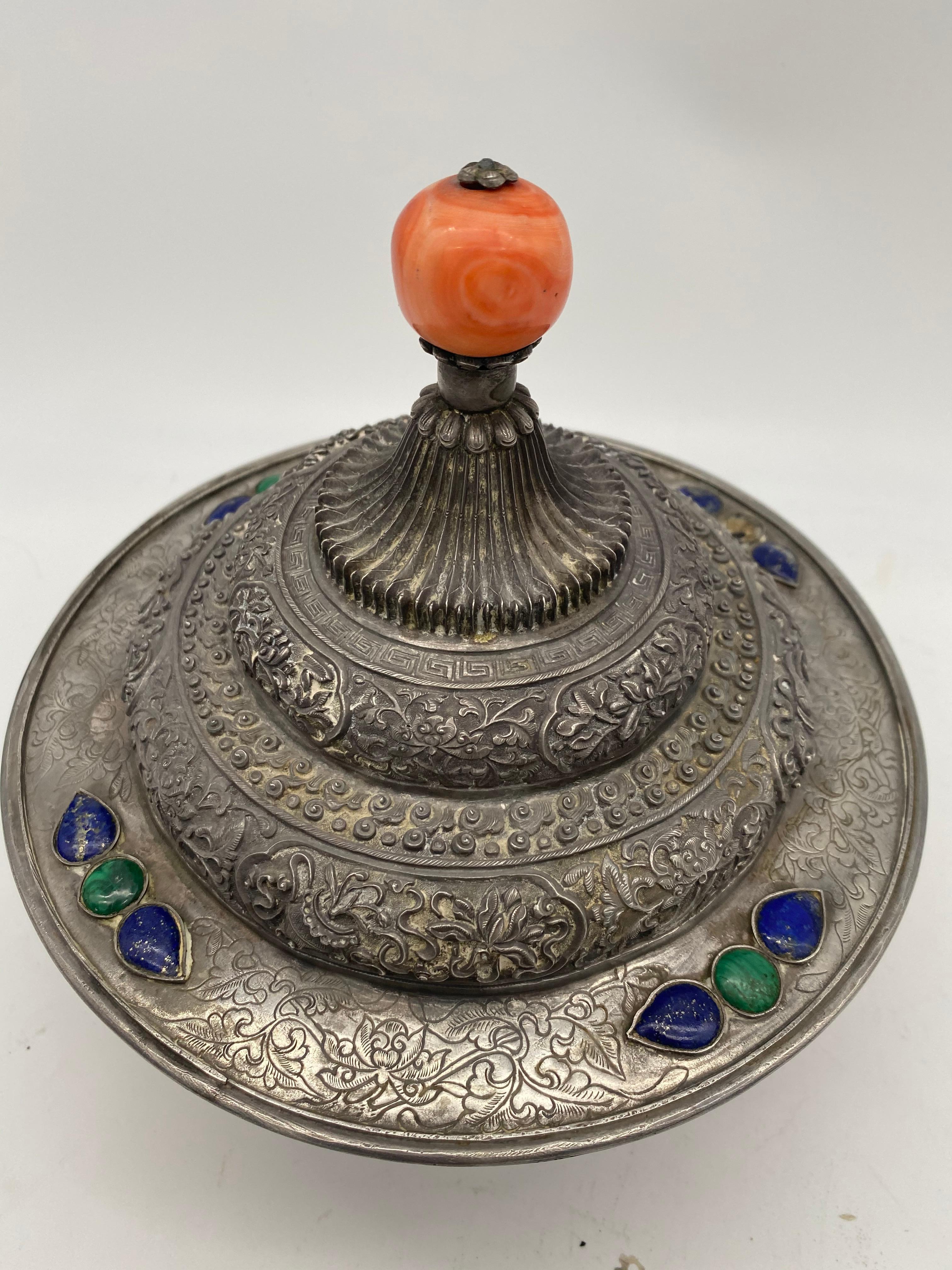 18th Century and Earlier 17th Century Rare Tibetan Silver Mounted Brul Covered Bowl with Coral For Sale
