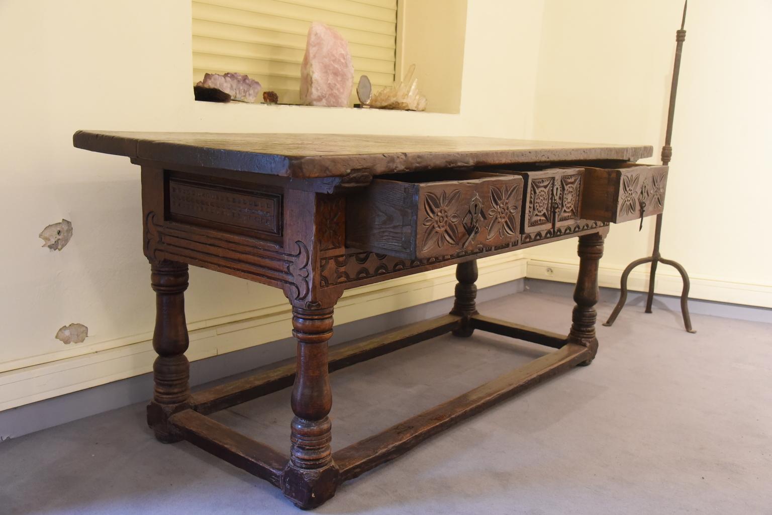 17th Century Rectangular Brown Oak Table Hand Carved, Spain, 1600 For ...