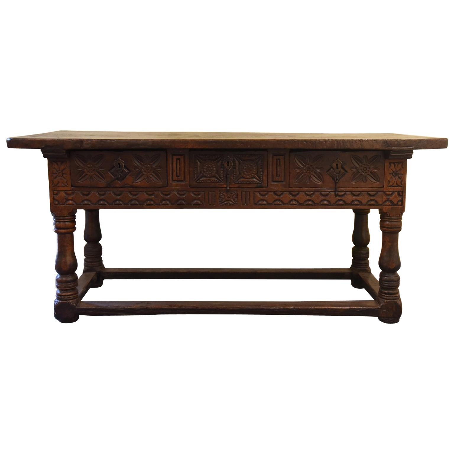 17th Century Rectangular Brown Oak Table Hand Carved, Spain, 1600 For ...