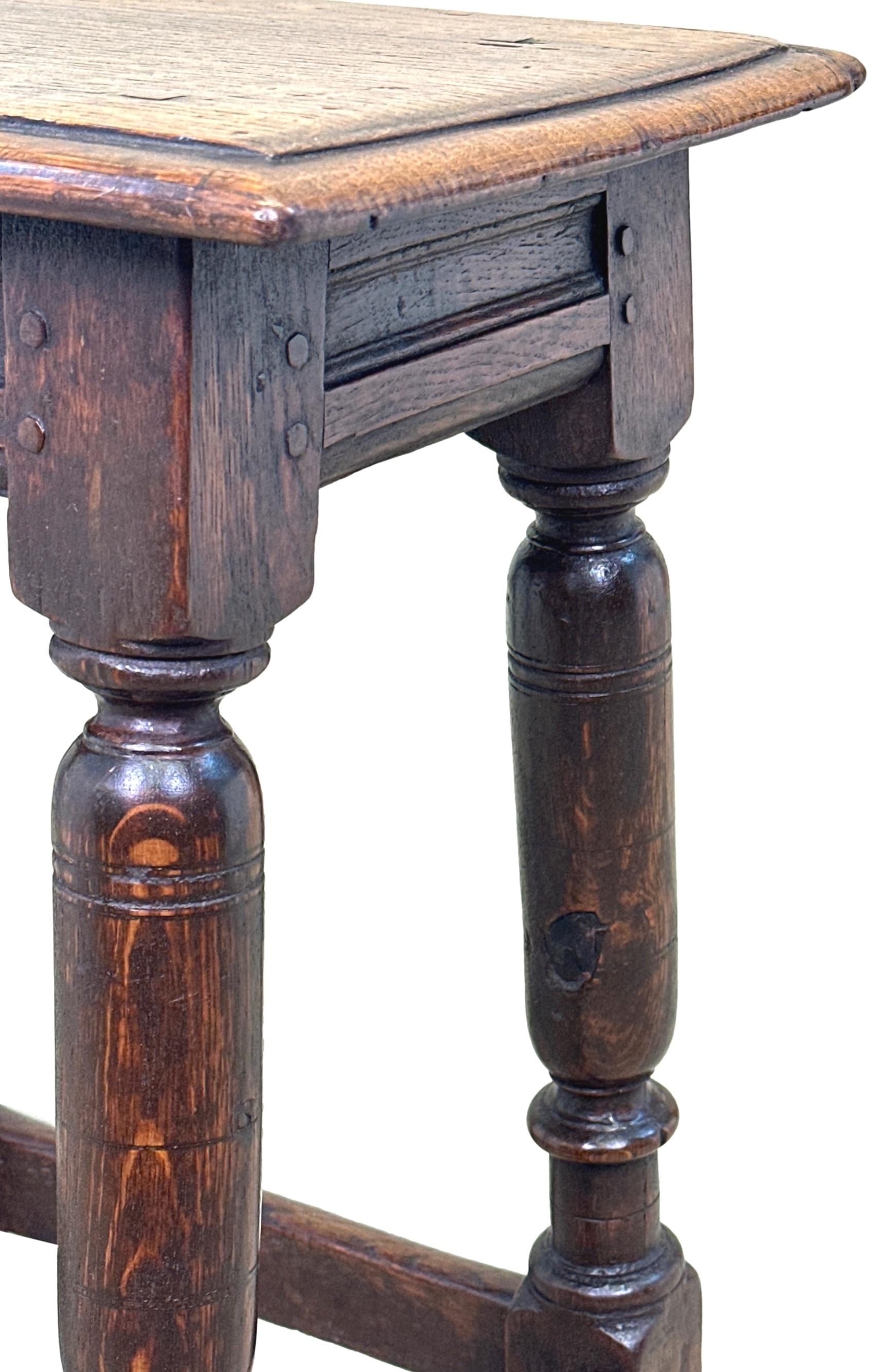 A Very Charming Mid 17th Century, Charles II Period, Oak Joint Stool Of Pegged Construction, Plus Untouched Colour & Patina Throughout, Having Rectangular Moulded Top Over Turned Upright Supports With Original Straight Stretchers.


Sometimes