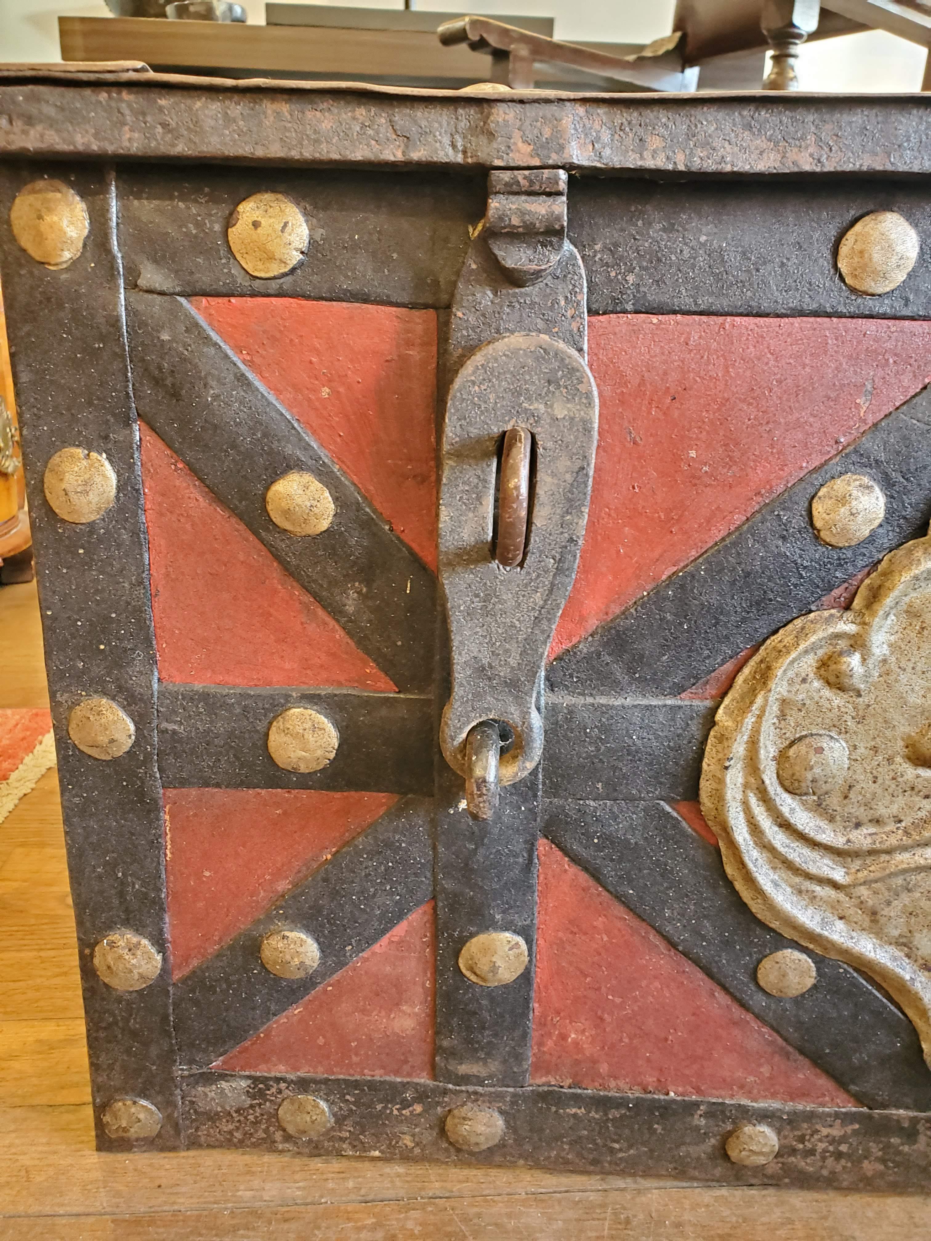 17th Century Red and Black Spanish “Armada” Style Iron Strong Box In Good Condition In Middleburg, VA